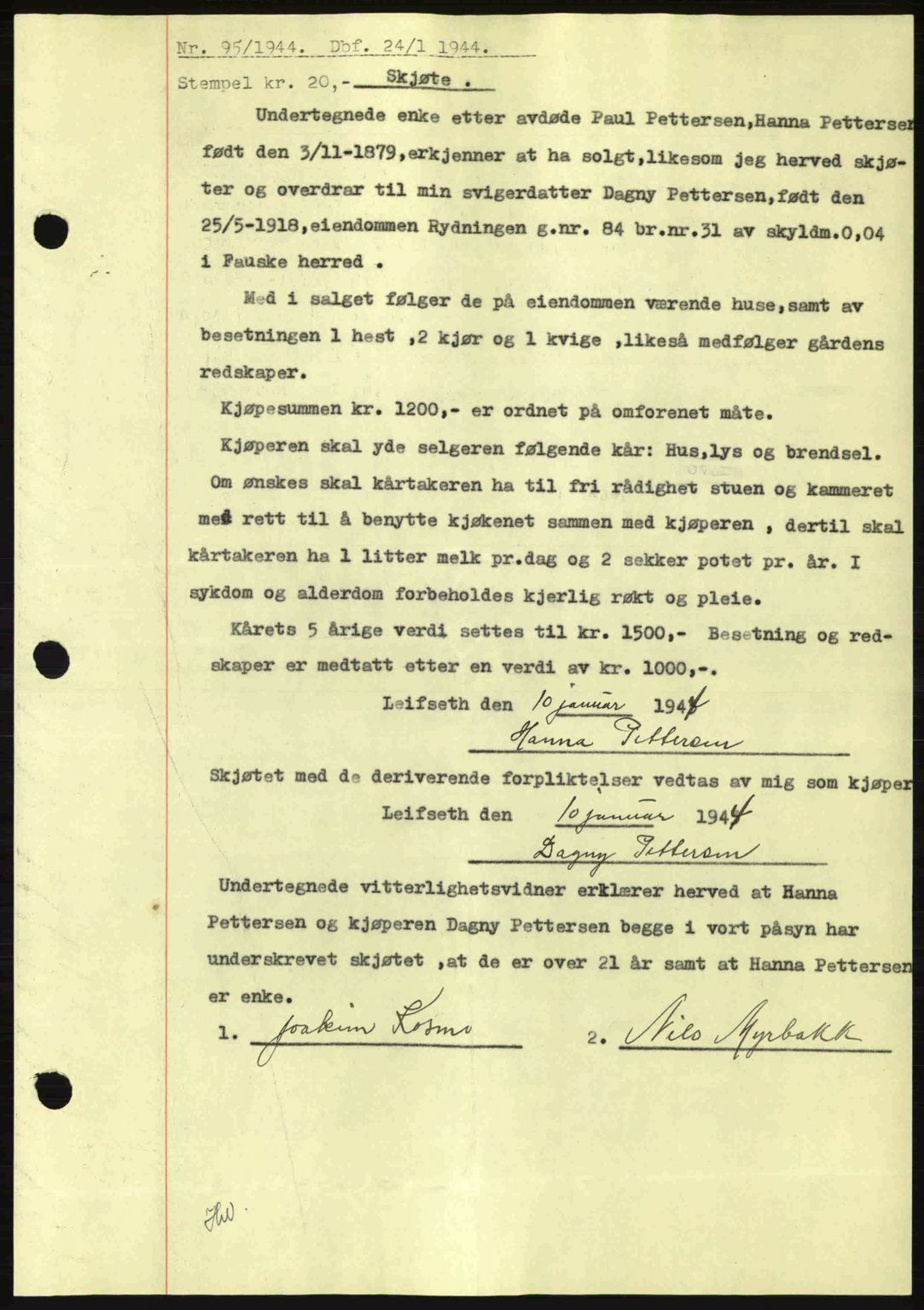 Salten sorenskriveri, SAT/A-4578/1/2/2C: Mortgage book no. A14-15, 1943-1945, Diary no: : 95/1944
