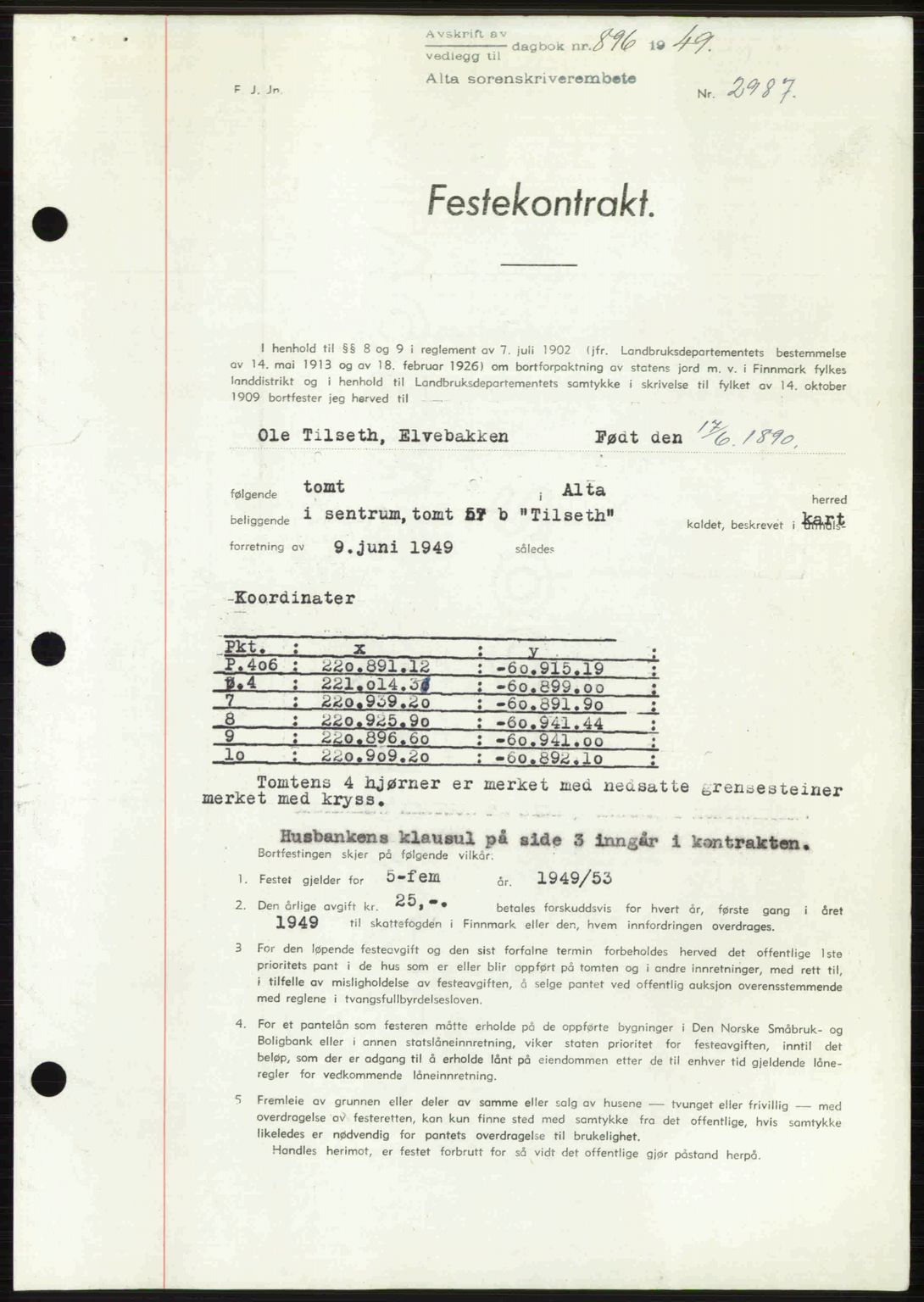 Alta fogderi/sorenskriveri, SATØ/SATØ-5/1/K/Kd/L0038pantebok: Mortgage book no. 41-42, 1949-1950, Diary no: : 896/1949
