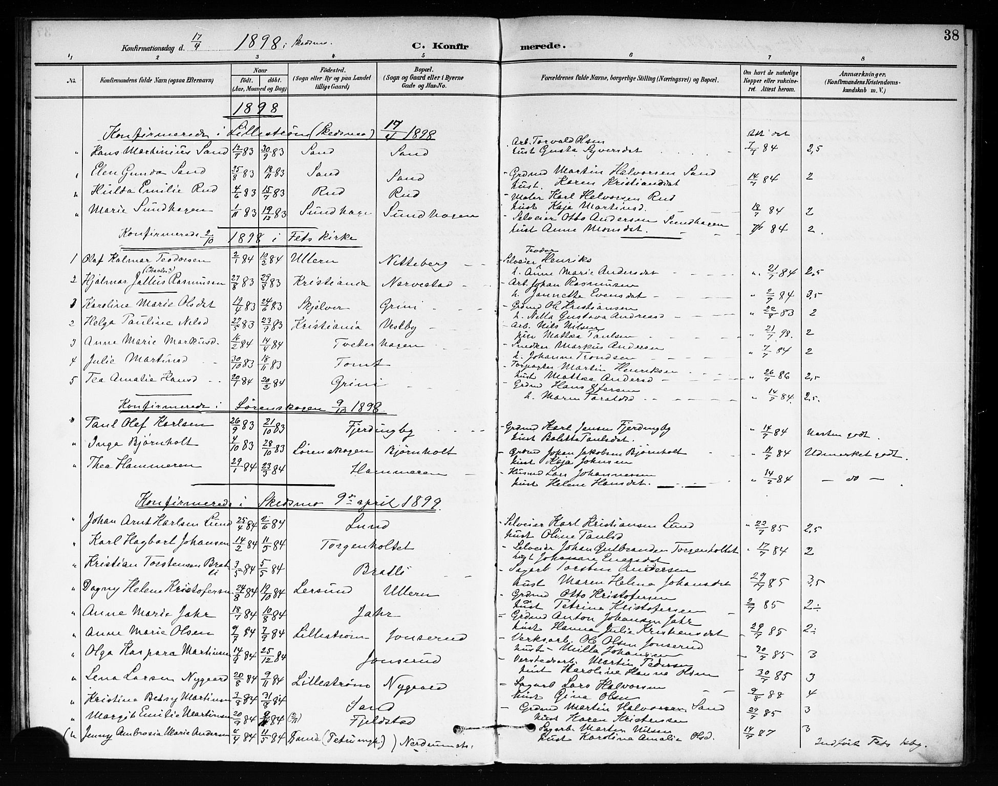 Fet prestekontor Kirkebøker, AV/SAO-A-10370a/F/Fb/L0002: Parish register (official) no. II 2, 1892-1904, p. 38