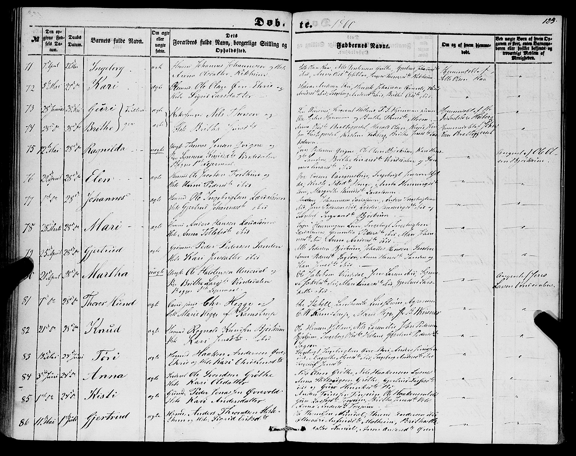 Lærdal sokneprestembete, SAB/A-81201: Parish register (official) no. A 11, 1850-1866, p. 123
