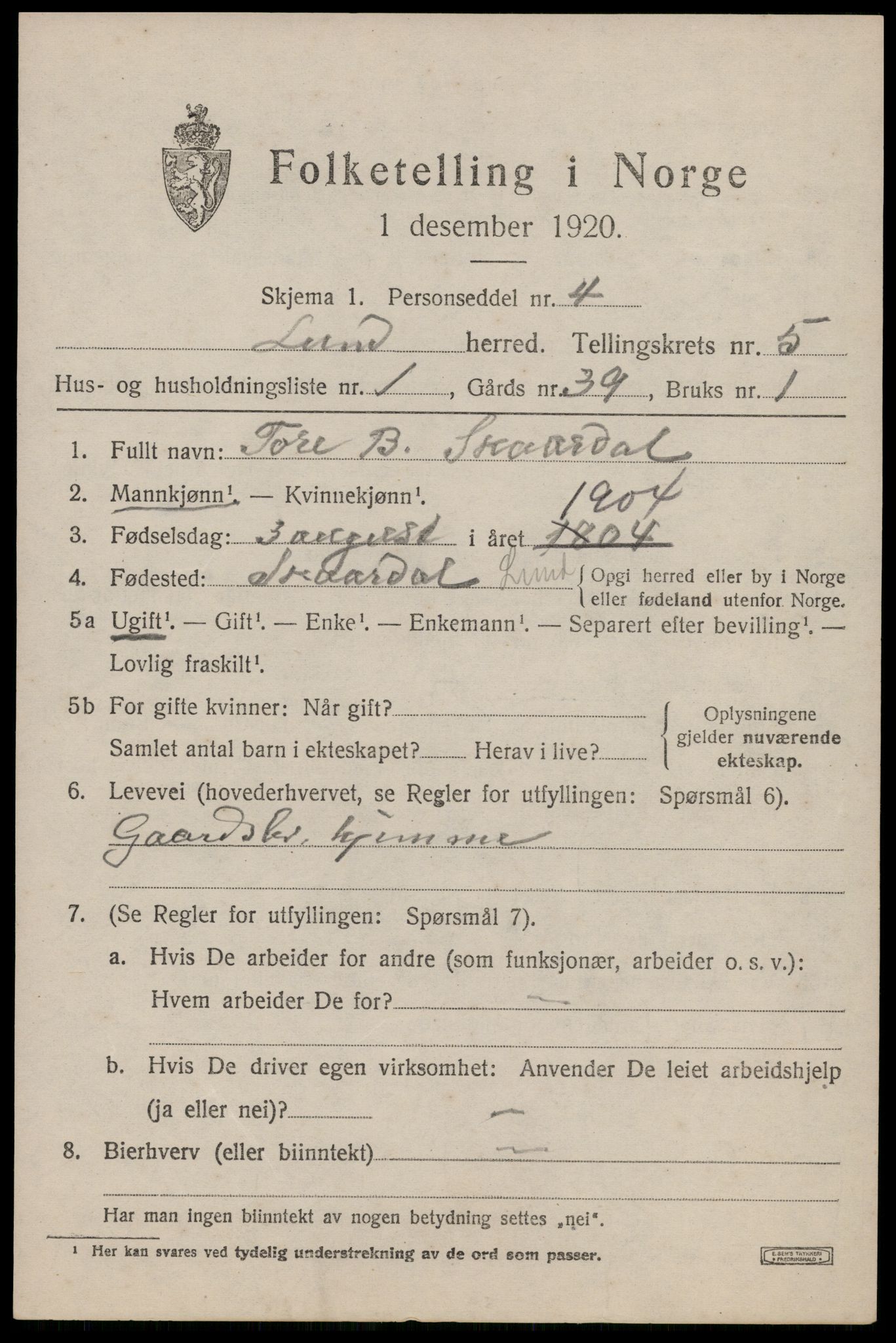 SAST, 1920 census for Lund, 1920, p. 3138