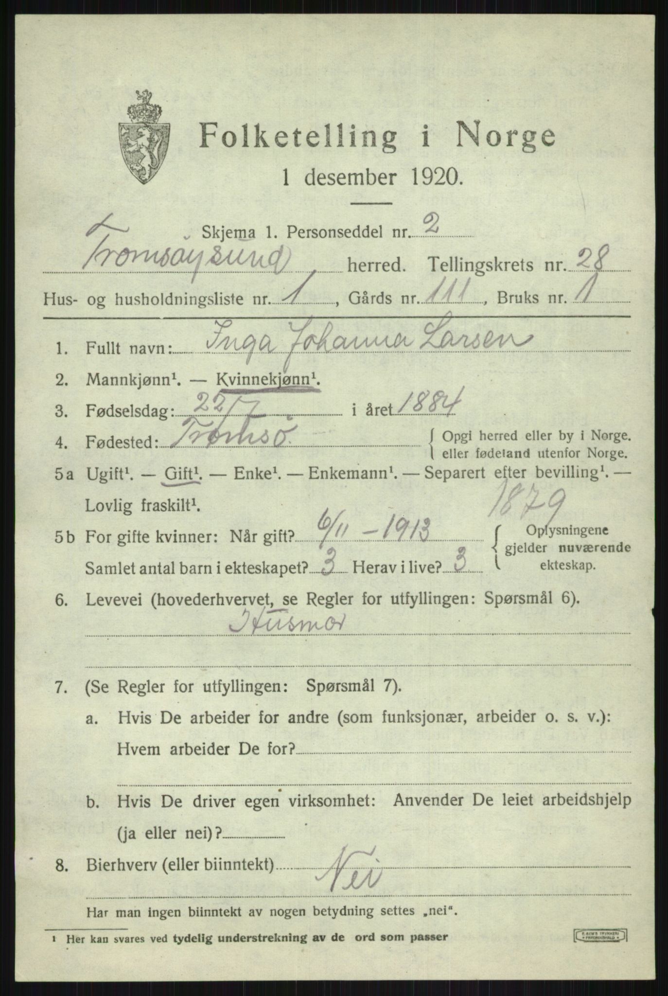 SATØ, 1920 census for Tromsøysund, 1920, p. 12714