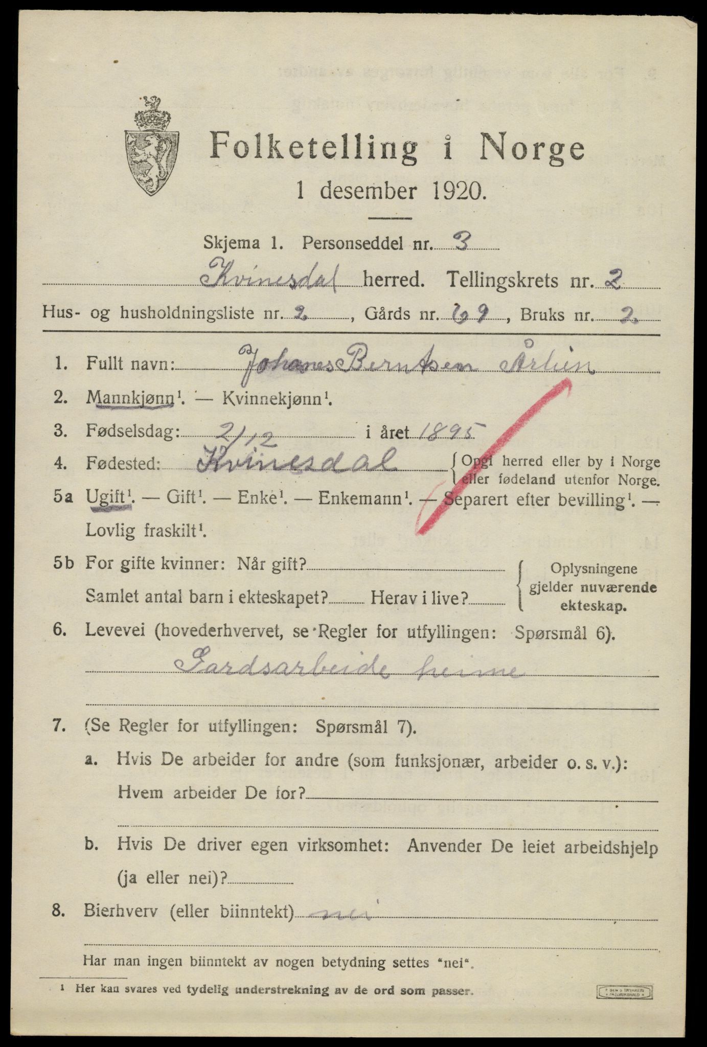 SAK, 1920 census for Kvinesdal, 1920, p. 1949