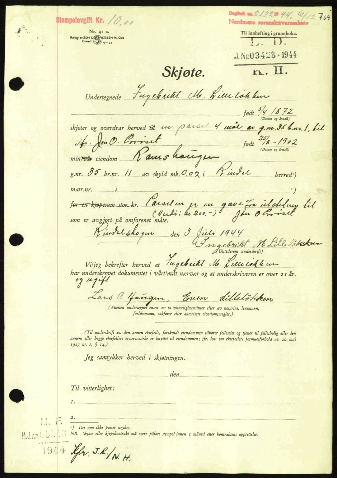 Nordmøre sorenskriveri, AV/SAT-A-4132/1/2/2Ca: Mortgage book no. A98, 1944-1944, Diary no: : 2132/1944