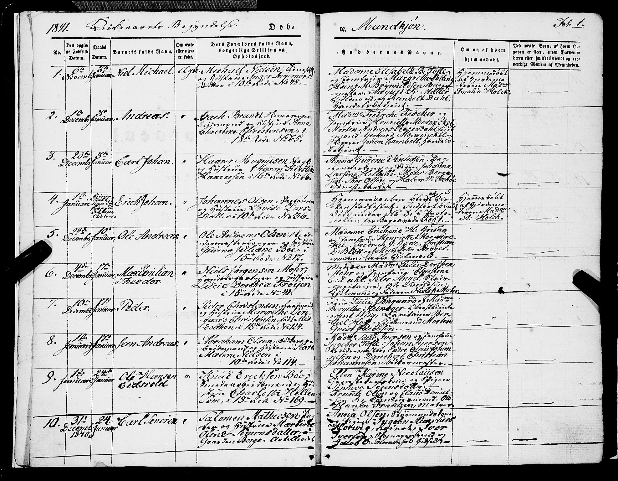 Domkirken sokneprestembete, SAB/A-74801/H/Haa/L0019: Parish register (official) no. B 2, 1841-1851, p. 1