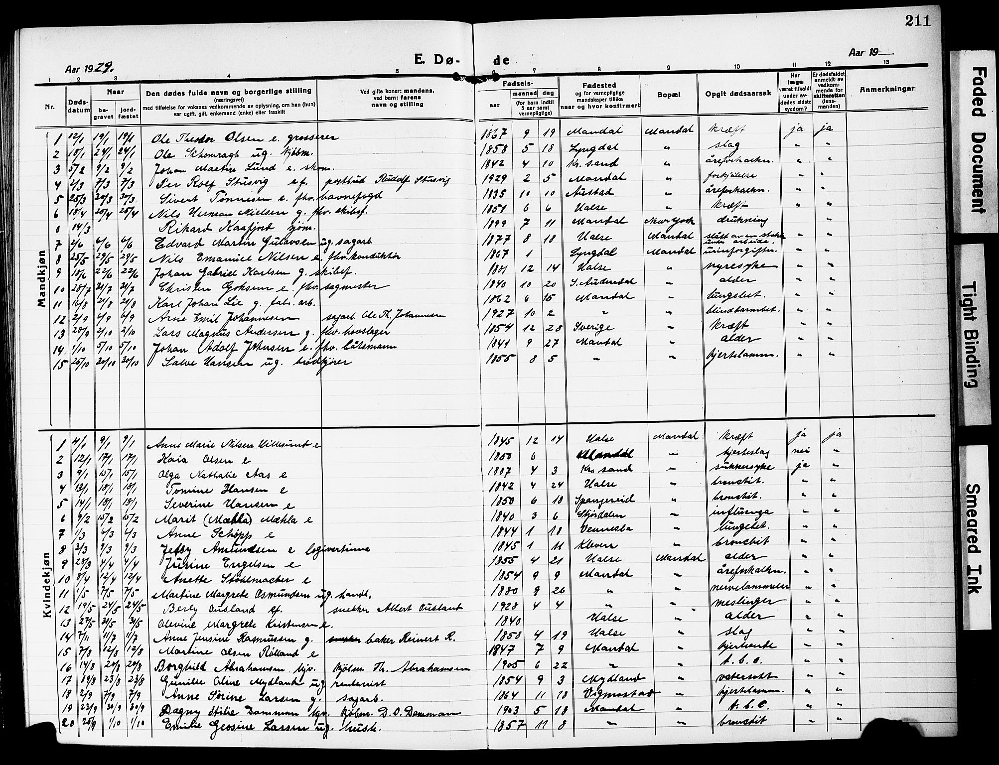 Mandal sokneprestkontor, SAK/1111-0030/F/Fb/Fbc/L0001: Parish register (copy) no. B 1, 1918-1931, p. 211