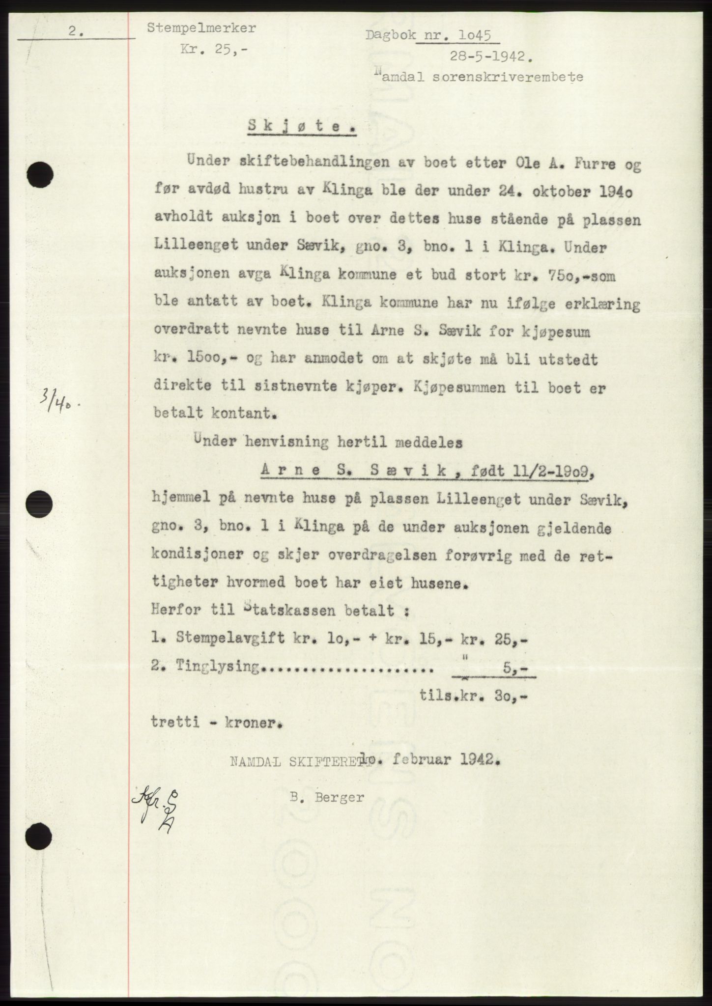 Namdal sorenskriveri, AV/SAT-A-4133/1/2/2C: Mortgage book no. -, 1941-1942, Diary no: : 1045/1942