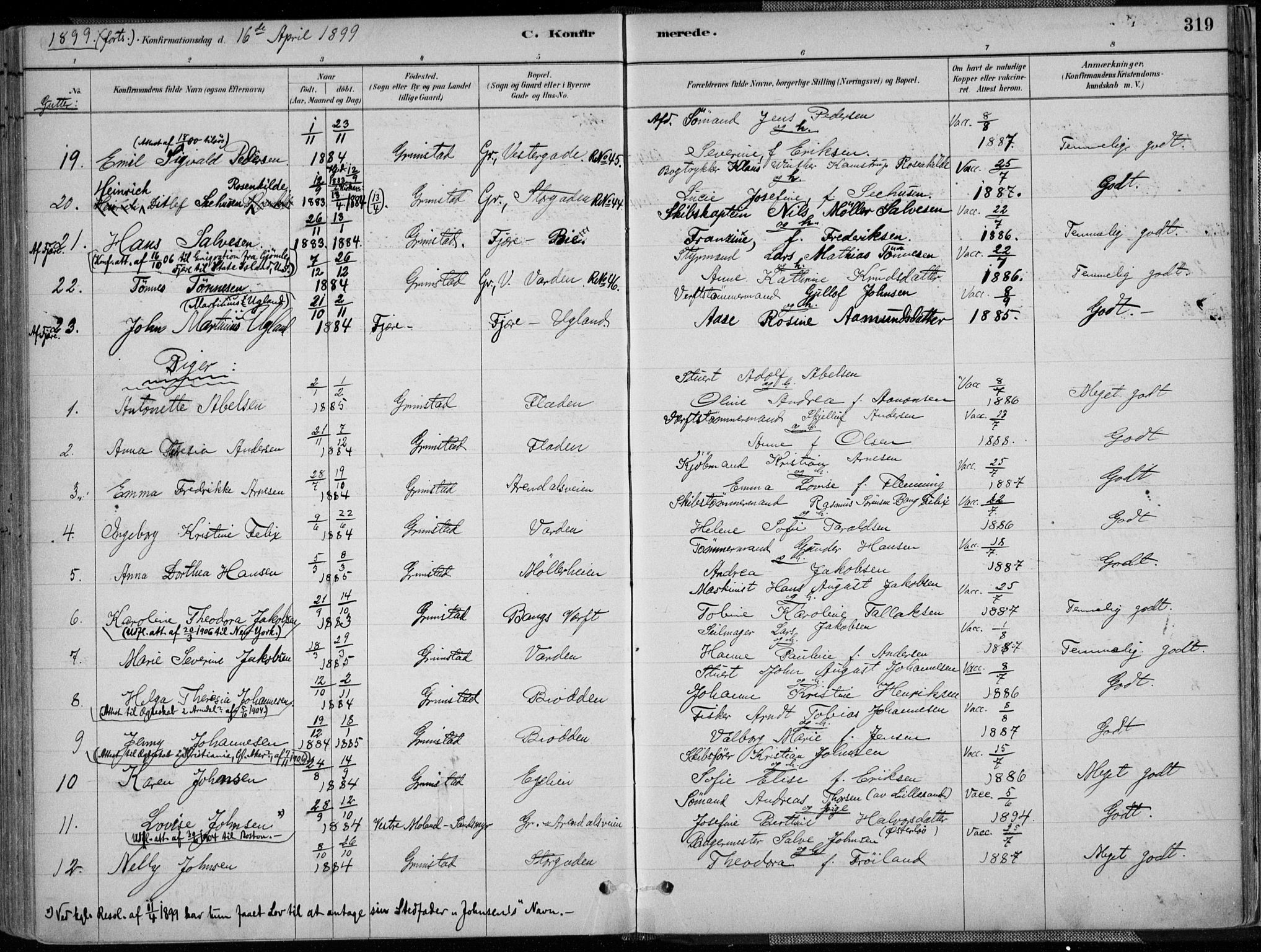 Grimstad sokneprestkontor, SAK/1111-0017/F/Fa/L0003: Parish register (official) no. A 2, 1882-1912, p. 319
