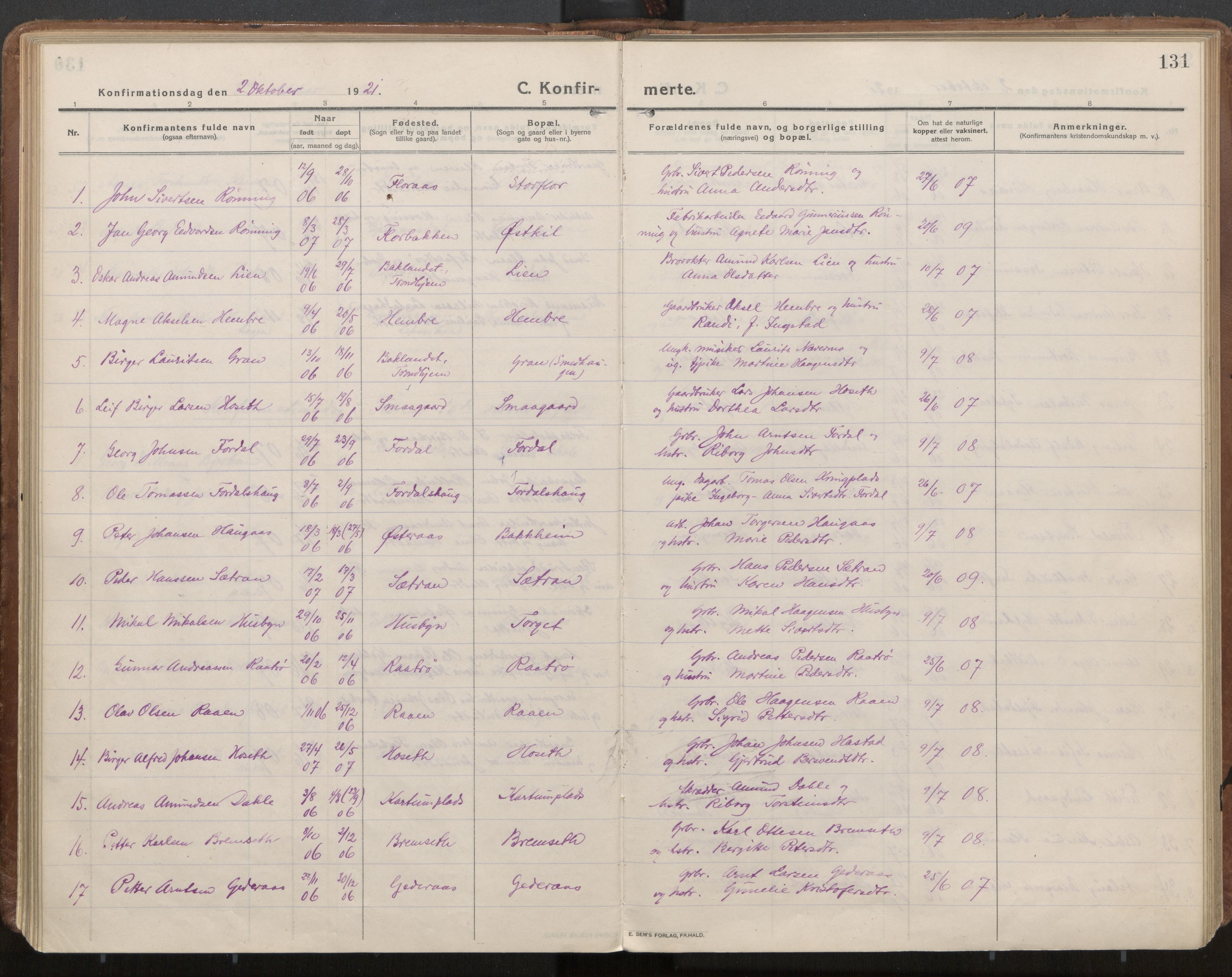 Ministerialprotokoller, klokkerbøker og fødselsregistre - Nord-Trøndelag, SAT/A-1458/703/L0037: Parish register (official) no. 703A10, 1915-1932, p. 131