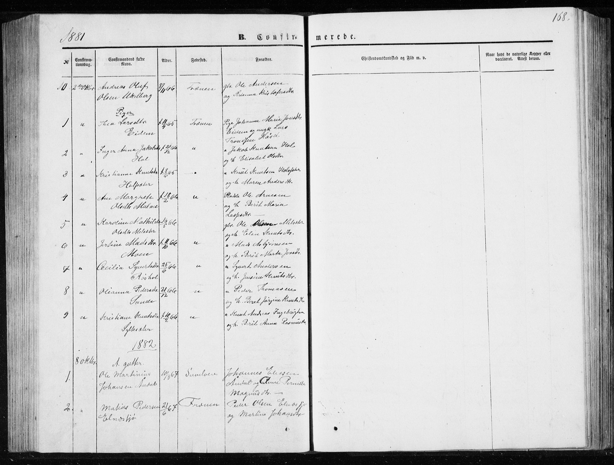 Ministerialprotokoller, klokkerbøker og fødselsregistre - Møre og Romsdal, SAT/A-1454/565/L0754: Parish register (copy) no. 565C03, 1870-1896, p. 168