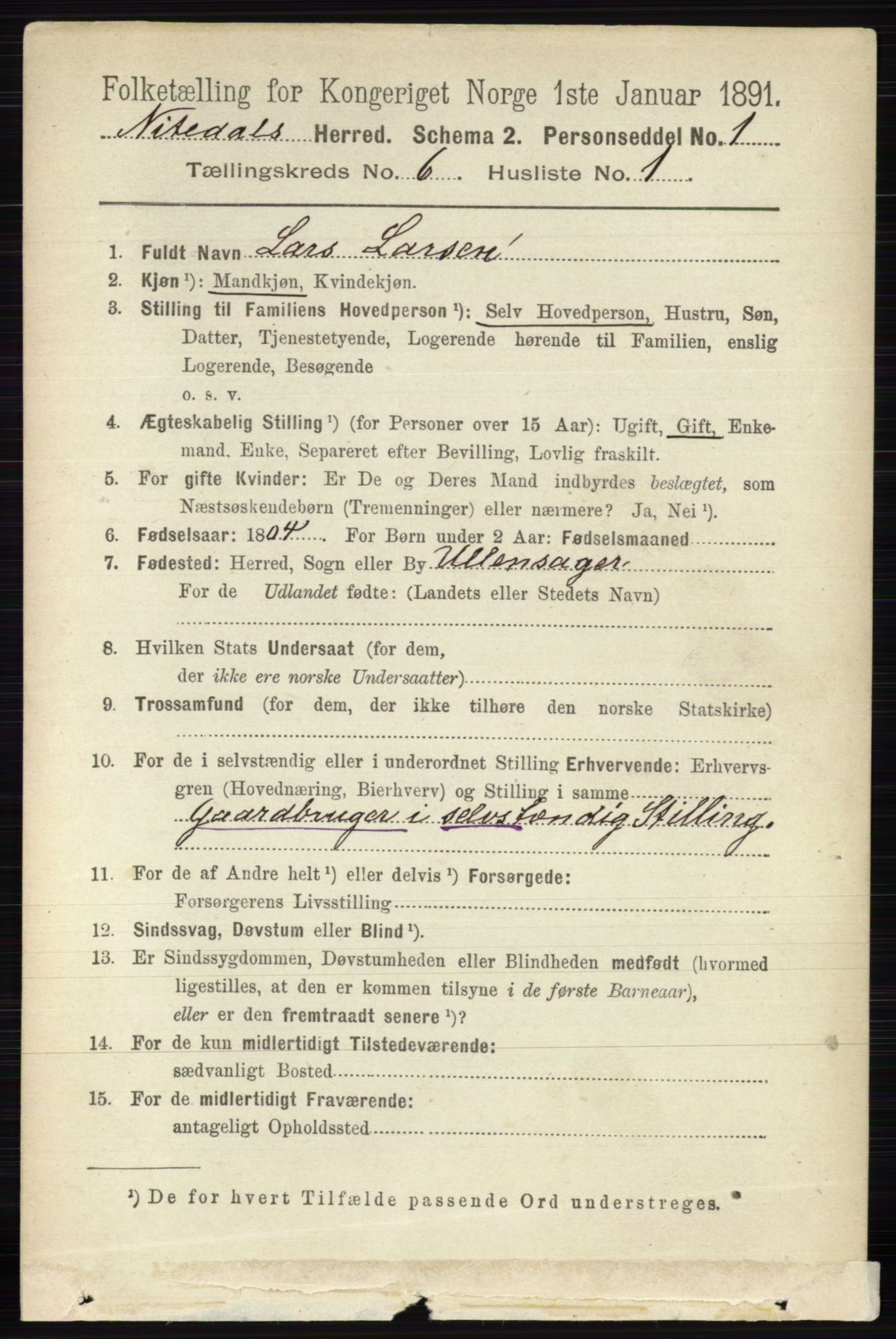 RA, 1891 census for 0233 Nittedal, 1891, p. 2610