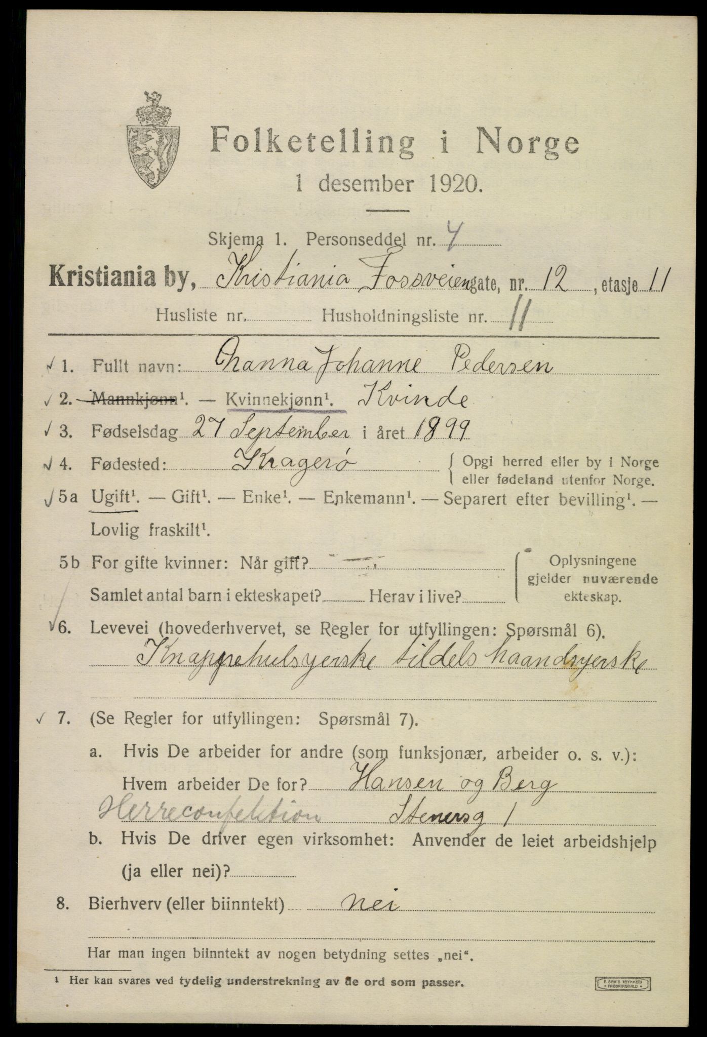 SAO, 1920 census for Kristiania, 1920, p. 231233