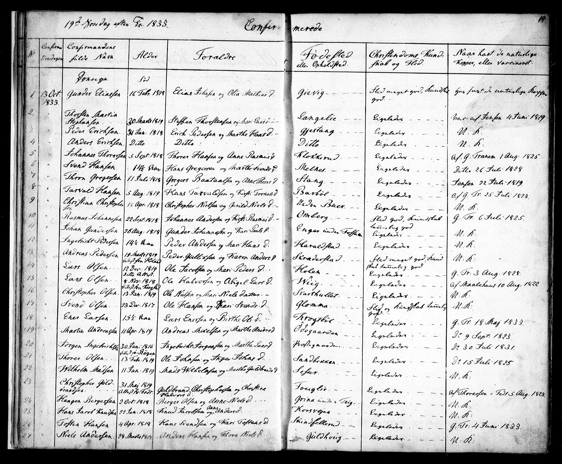Enebakk prestekontor Kirkebøker, SAO/A-10171c/F/Fa/L0010: Parish register (official) no. I 10, 1829-1876, p. 14