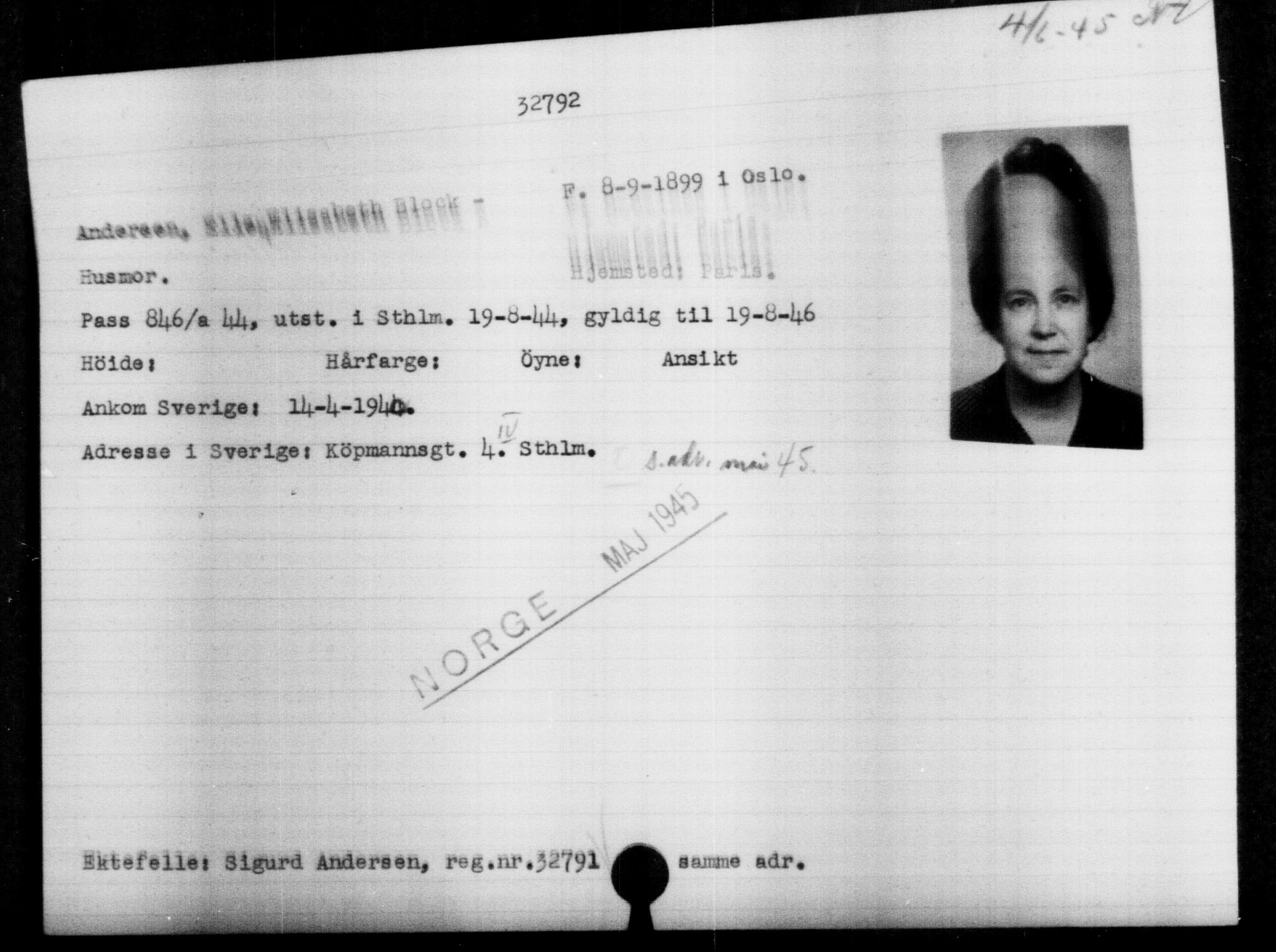 Utenriksstasjonene, Legasjonen i Stockholm, Flyktningkontoret, AV/RA-S-6753/V/Va/L0013: Kjesäterkartoteket, flyktninger med registreringsnr. 31500-34731, 1940-1945, p. 1354