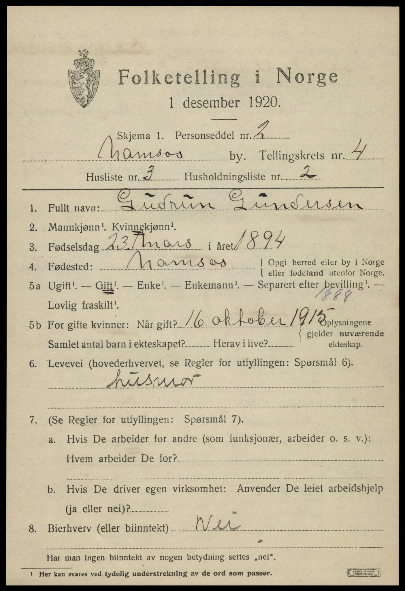 SAT, 1920 census for Namsos, 1920, p. 4861