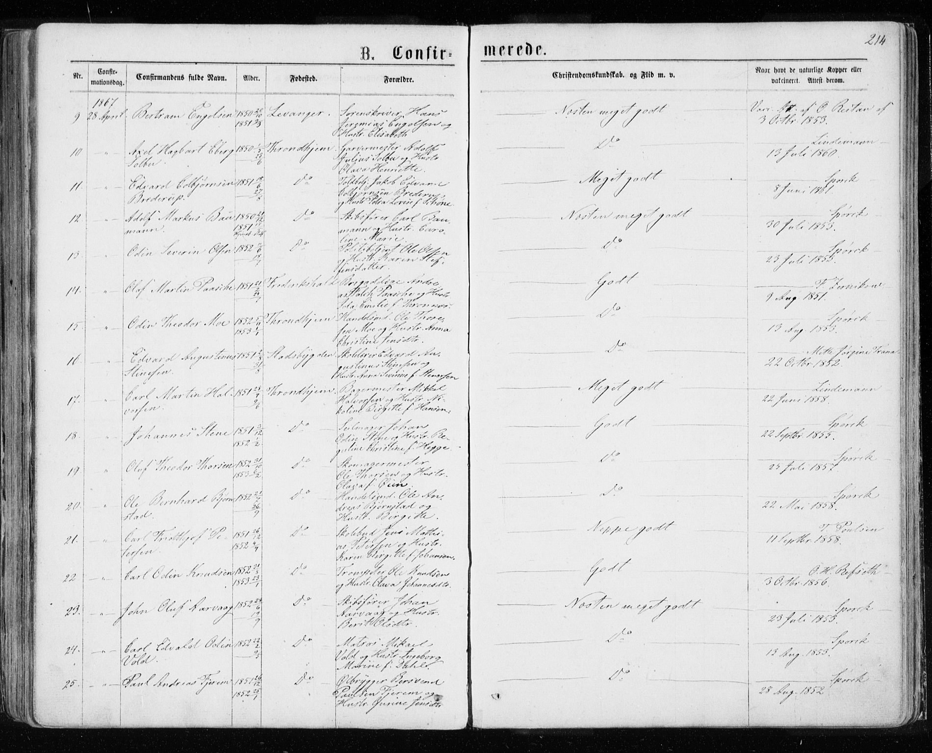 Ministerialprotokoller, klokkerbøker og fødselsregistre - Sør-Trøndelag, AV/SAT-A-1456/601/L0054: Parish register (official) no. 601A22, 1866-1877, p. 214