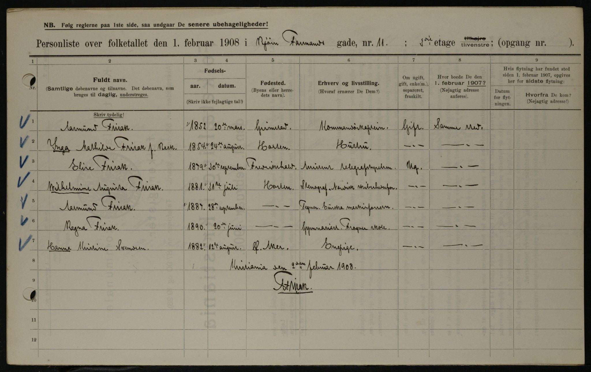 OBA, Municipal Census 1908 for Kristiania, 1908, p. 6497