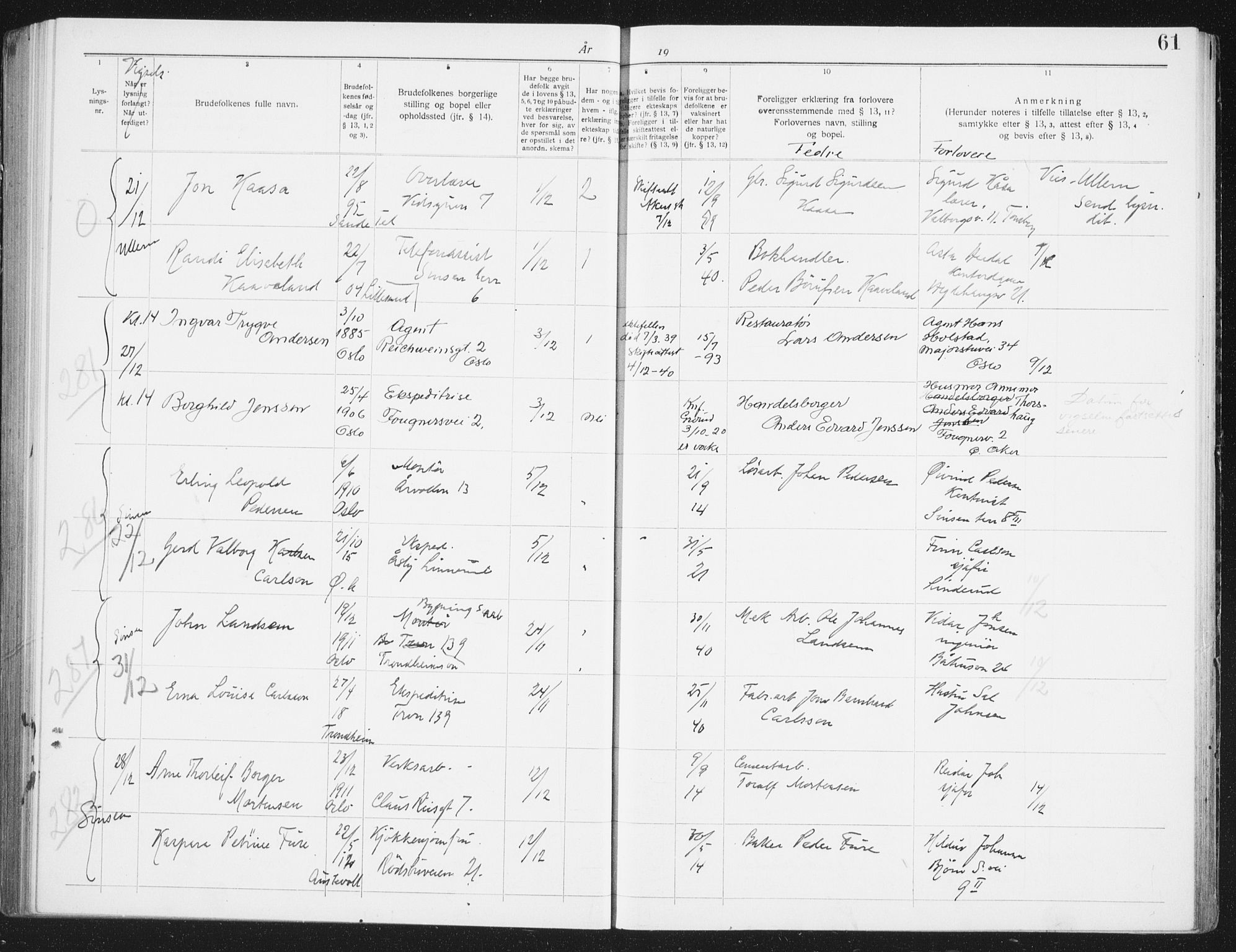 Østre Aker prestekontor Kirkebøker, SAO/A-10840/H/Ha/L0009: Banns register no. I 9, 1939-1942, p. 61