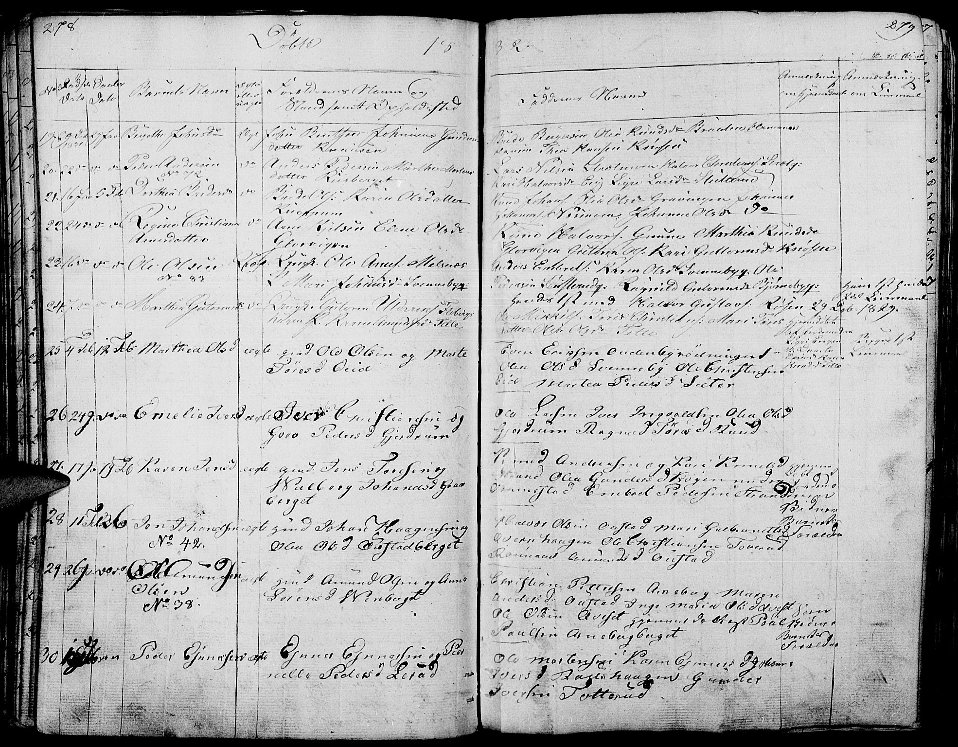 Hof prestekontor, AV/SAH-PREST-038/H/Ha/Haa/L0006: Parish register (official) no. 6, 1822-1841, p. 278-279