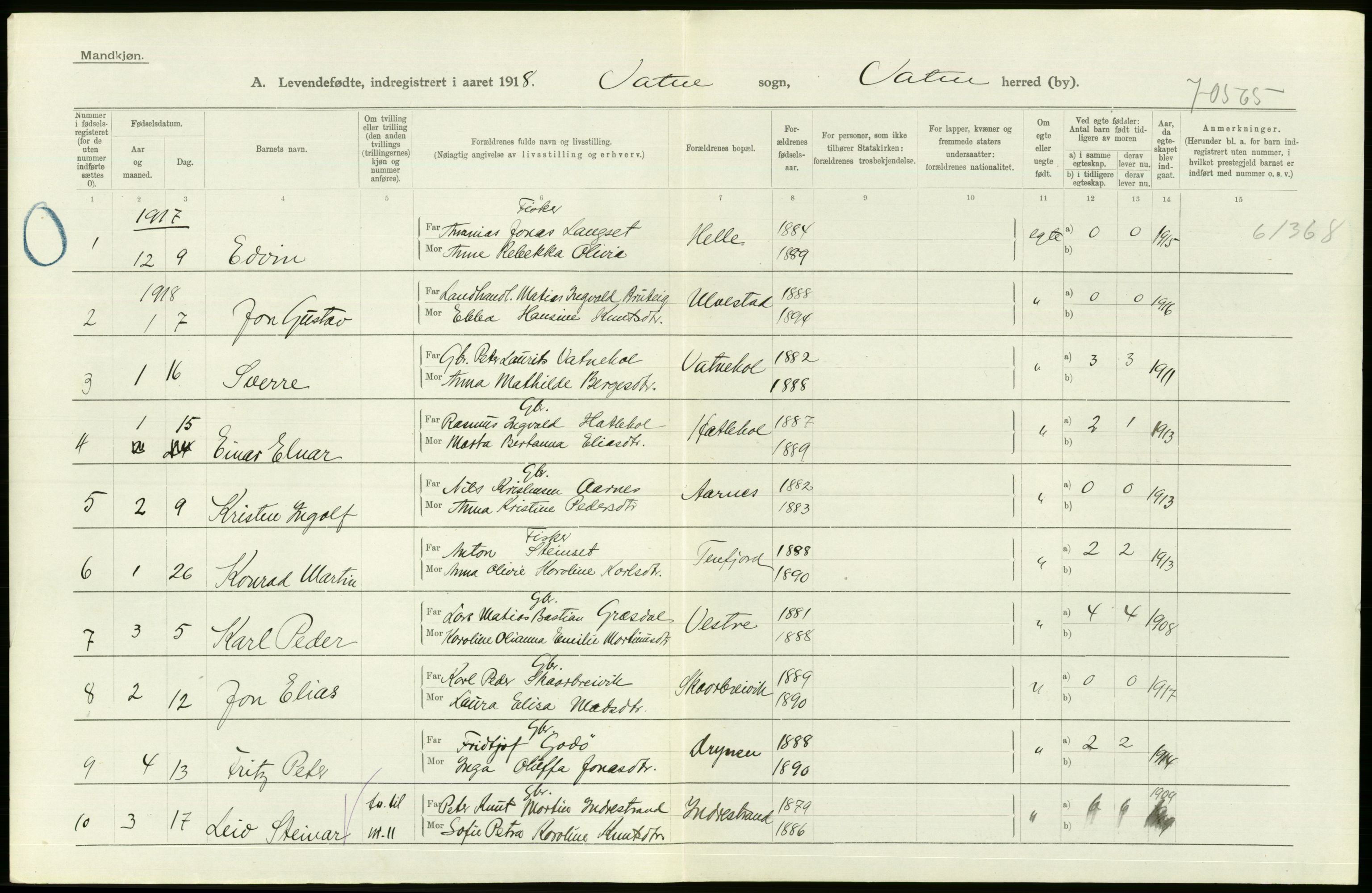 Statistisk sentralbyrå, Sosiodemografiske emner, Befolkning, RA/S-2228/D/Df/Dfb/Dfbh/L0043: Møre fylke: Levendefødte menn og kvinner. Bygder., 1918, p. 162