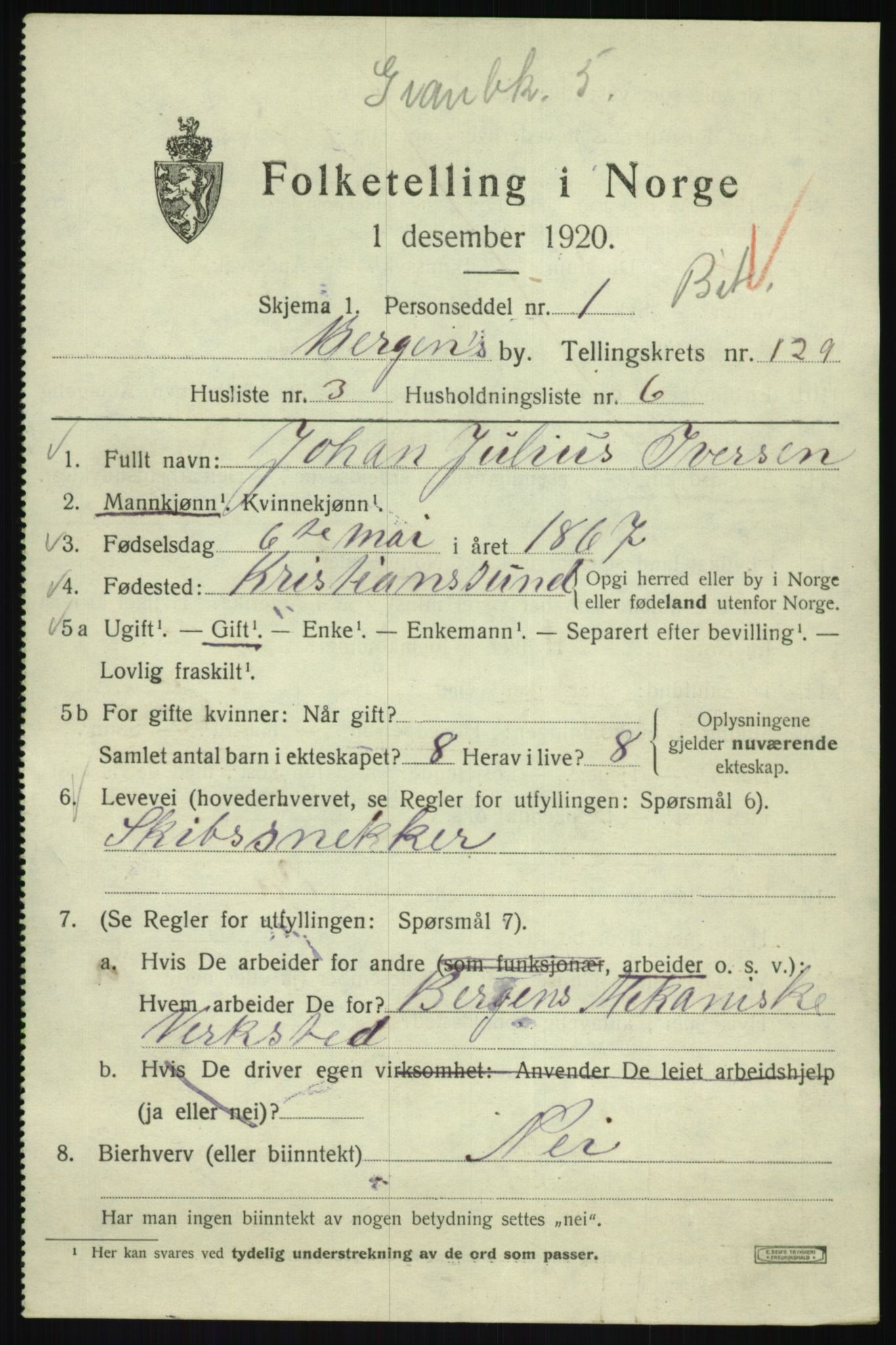 SAB, 1920 census for Bergen, 1920, p. 217772