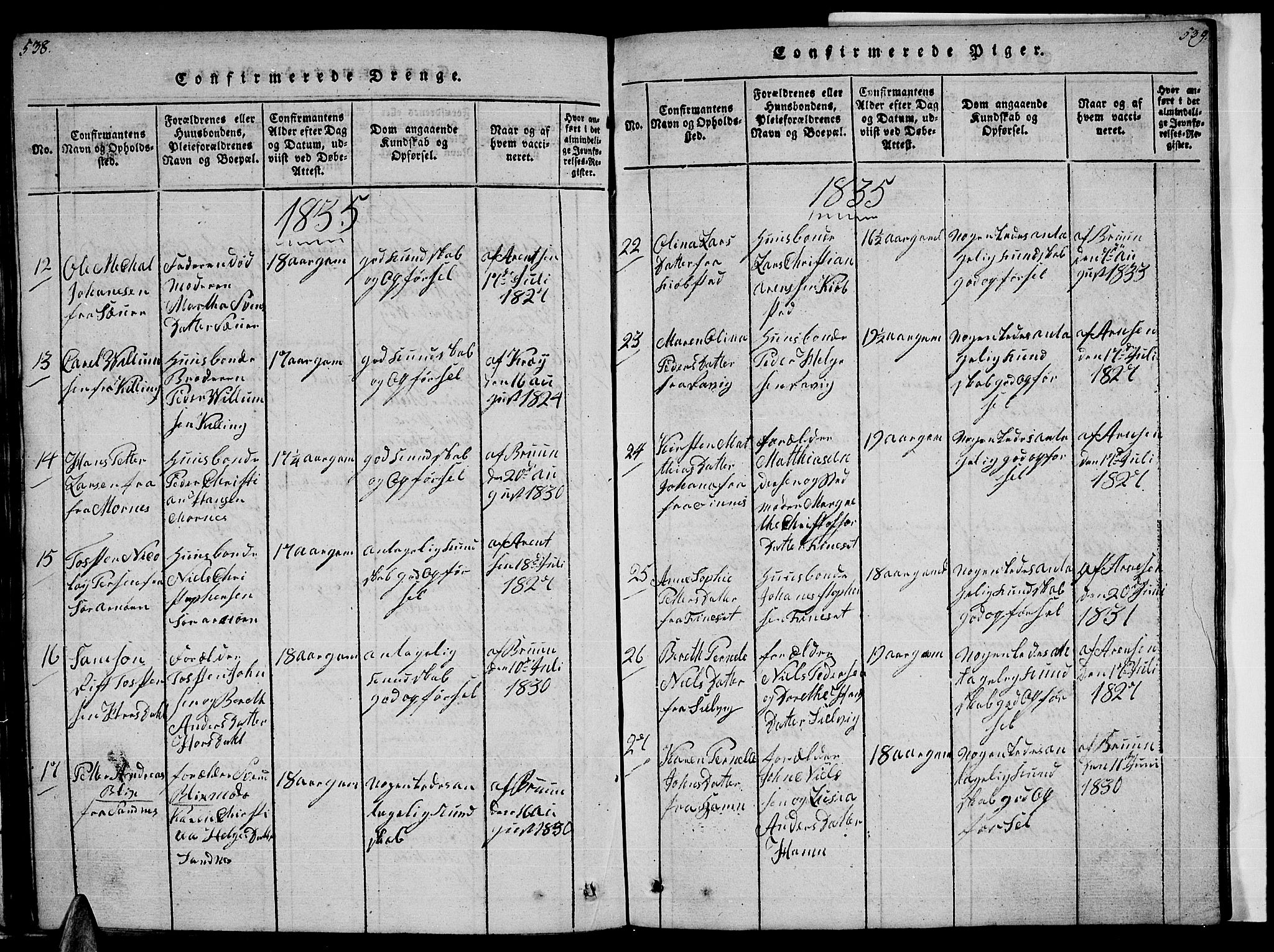 Ministerialprotokoller, klokkerbøker og fødselsregistre - Nordland, AV/SAT-A-1459/805/L0105: Parish register (copy) no. 805C01, 1820-1839, p. 538-539