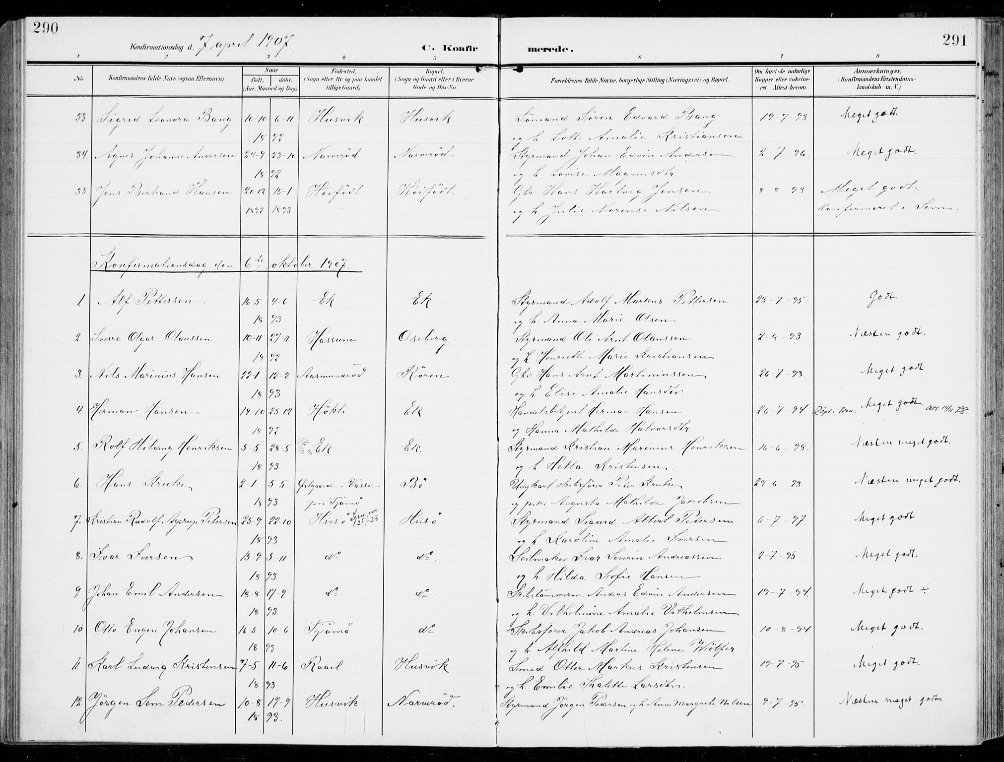 Sem kirkebøker, SAKO/A-5/F/Fb/L0006: Parish register (official) no. II 6, 1905-1918, p. 290-291