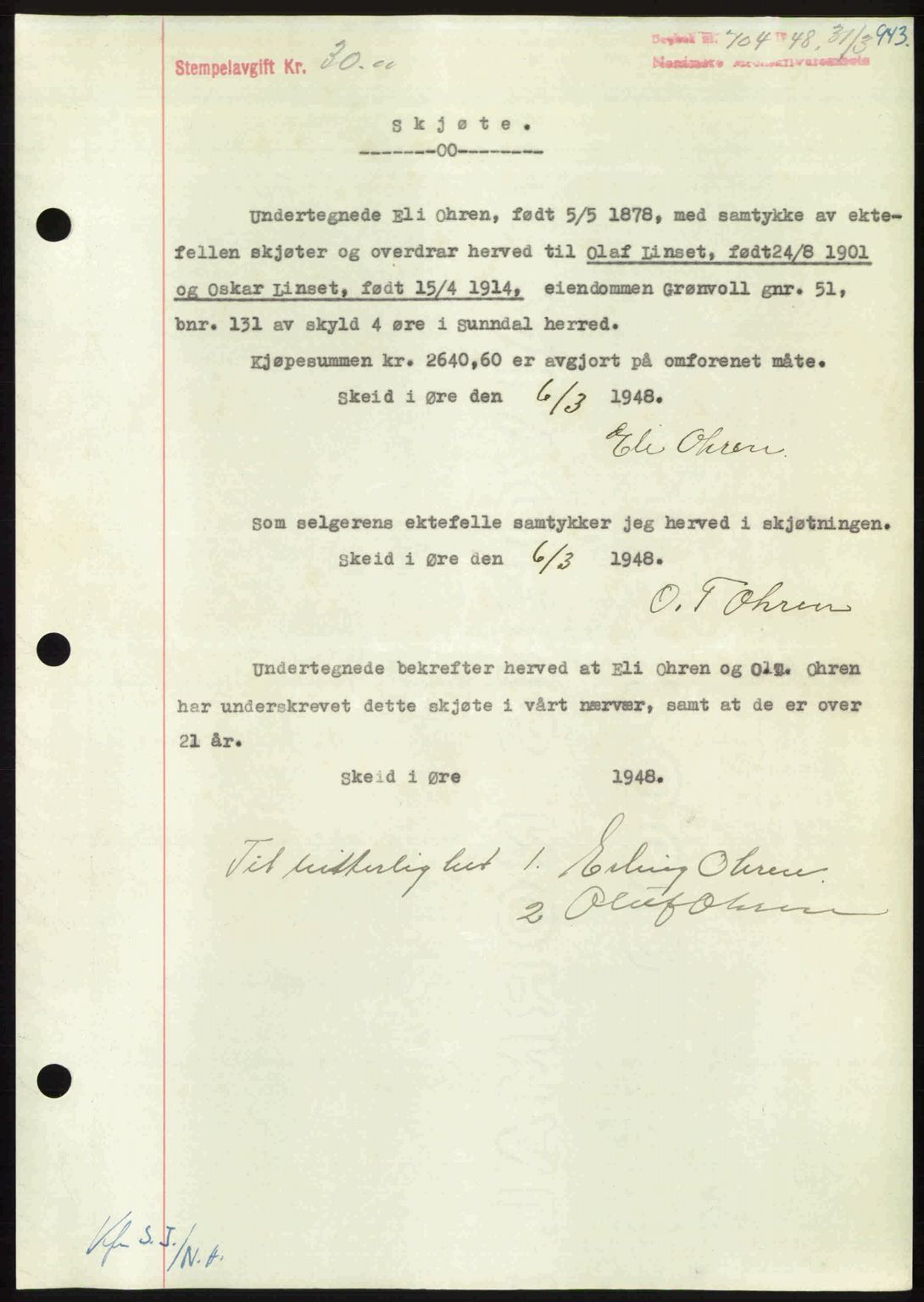 Nordmøre sorenskriveri, AV/SAT-A-4132/1/2/2Ca: Mortgage book no. A107, 1947-1948, Diary no: : 704/1948