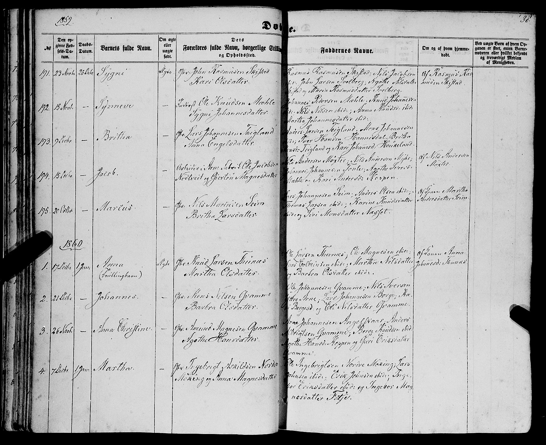 Haus sokneprestembete, AV/SAB-A-75601/H/Haa: Parish register (official) no. A 17, 1858-1870, p. 38