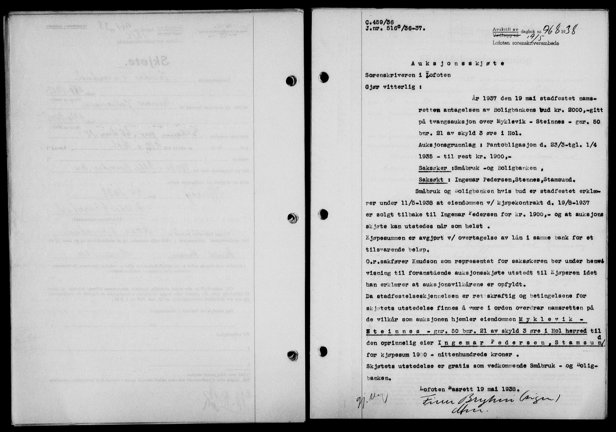 Lofoten sorenskriveri, SAT/A-0017/1/2/2C/L0004a: Mortgage book no. 4a, 1938-1938, Diary no: : 968/1938