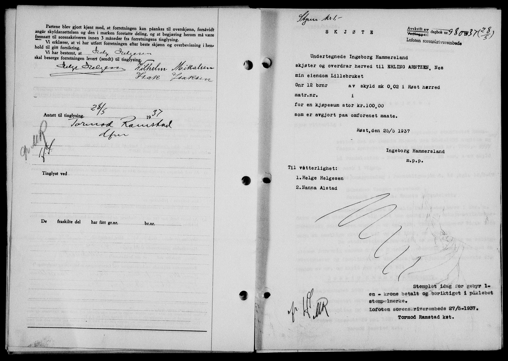 Lofoten sorenskriveri, SAT/A-0017/1/2/2C/L0002a: Mortgage book no. 2a, 1937-1937, Diary no: : 980/1937