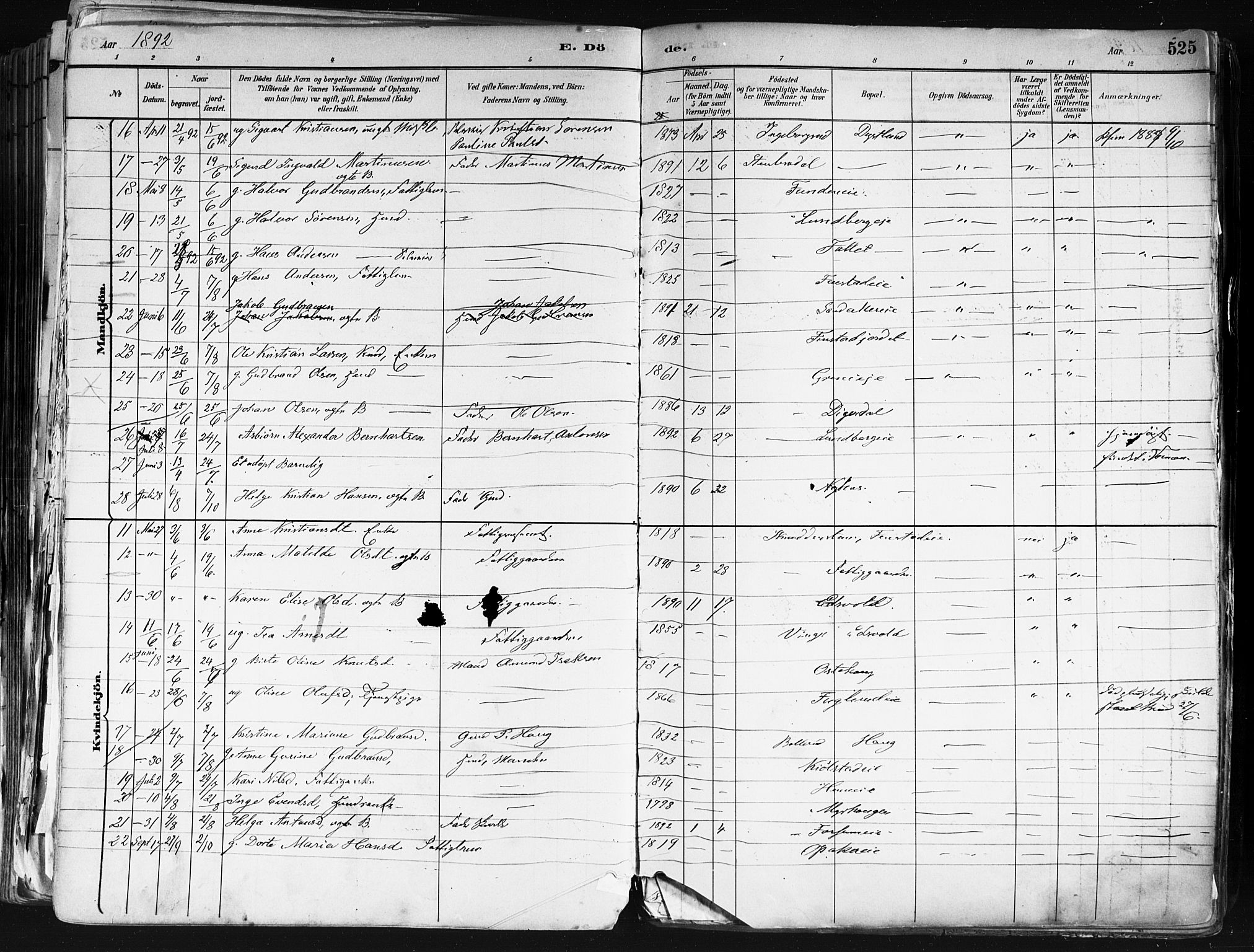 Nes prestekontor Kirkebøker, SAO/A-10410/F/Fa/L0010: Parish register (official) no. I 10, 1883-1898, p. 525