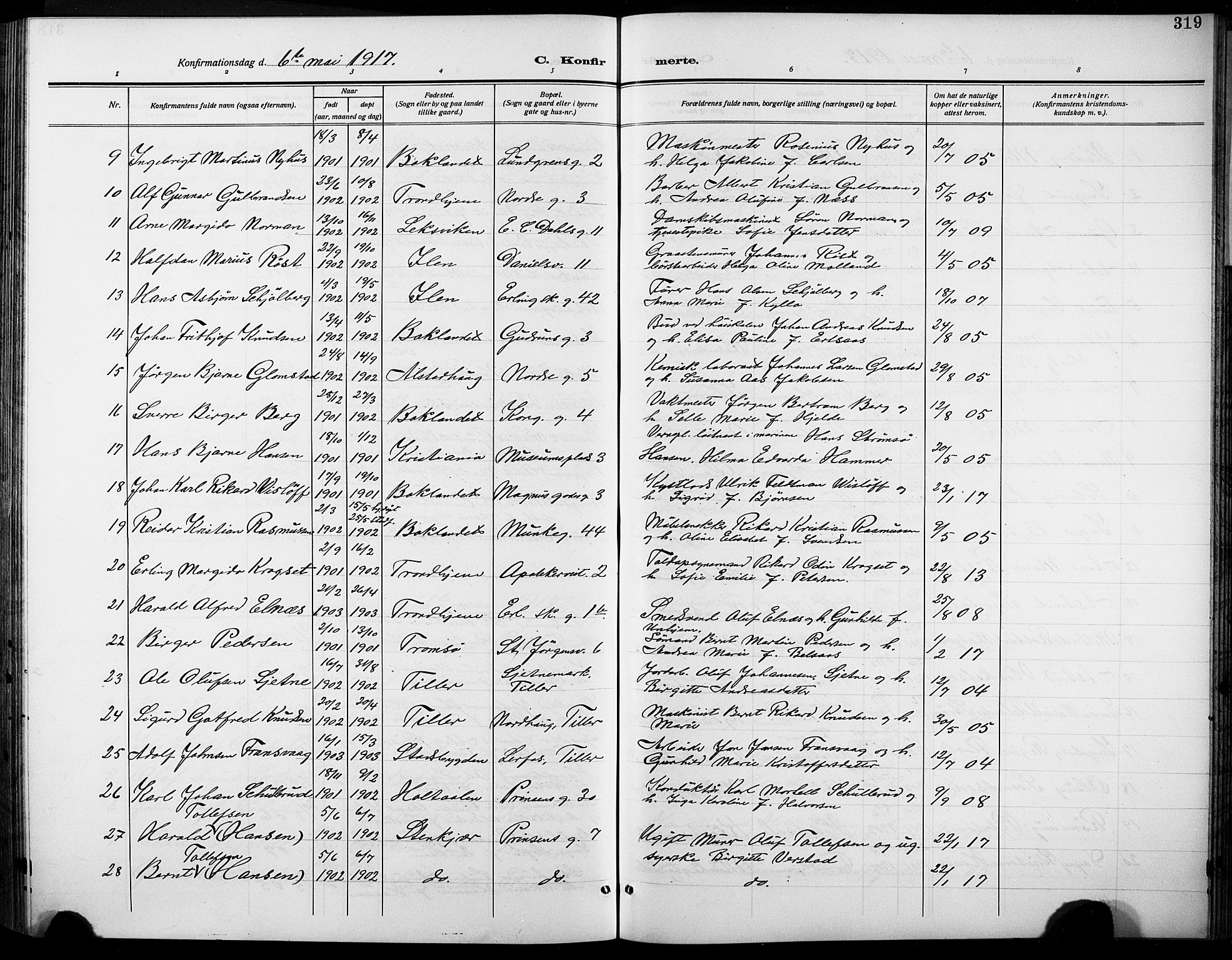Ministerialprotokoller, klokkerbøker og fødselsregistre - Sør-Trøndelag, SAT/A-1456/601/L0096: Parish register (copy) no. 601C14, 1911-1931, p. 319