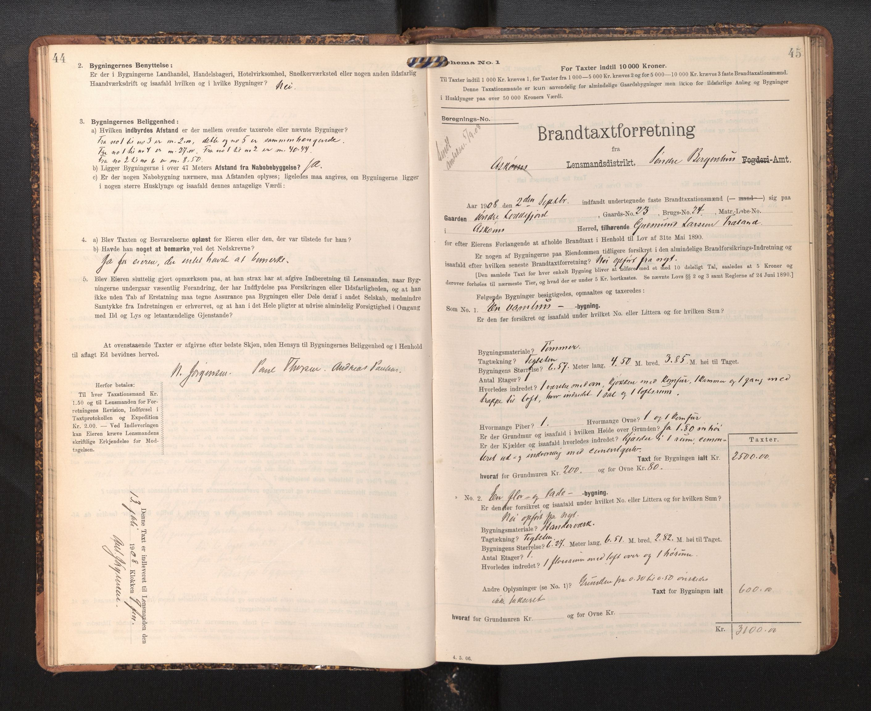 Lensmannen i Askøy, AV/SAB-A-31001/0012/L0005: Branntakstprotokoll, skjematakst, 1907-1915, p. 44-45