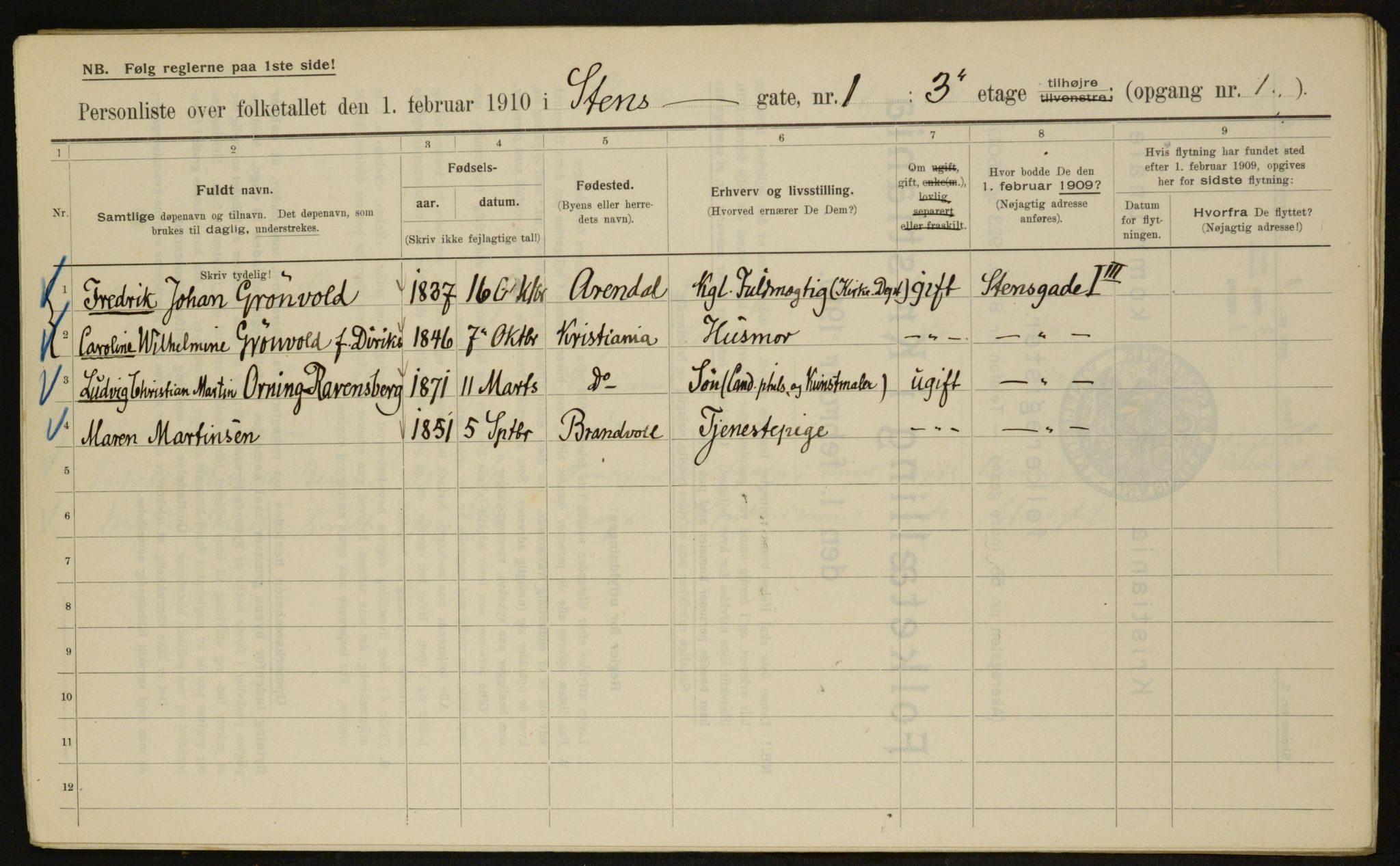 OBA, Municipal Census 1910 for Kristiania, 1910, p. 96698