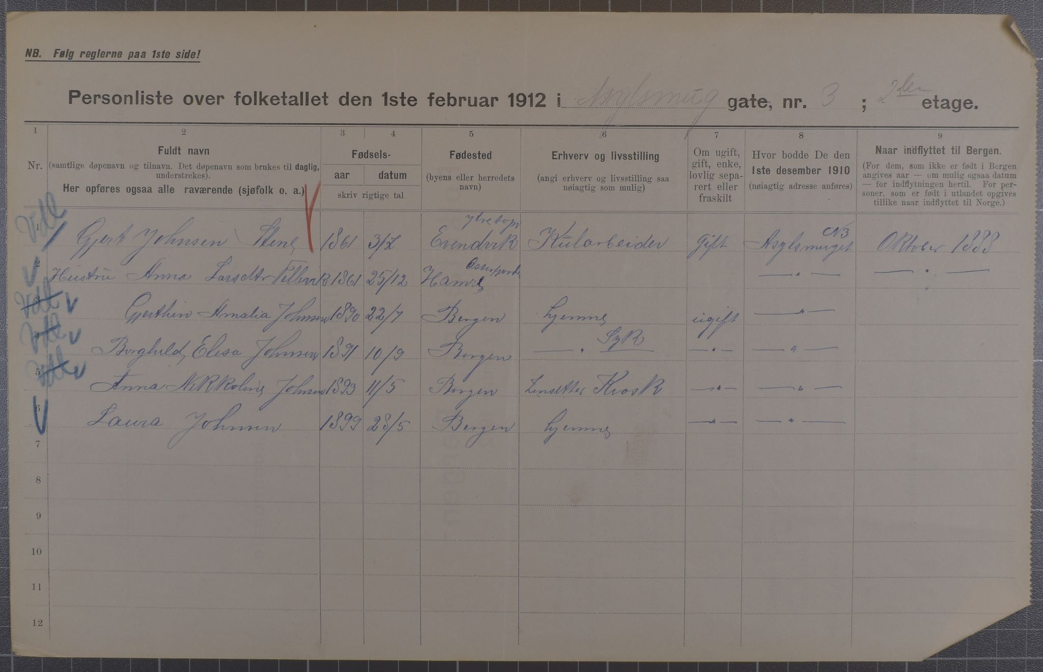 SAB, Municipal Census 1912 for Bergen, 1912, p. 1720