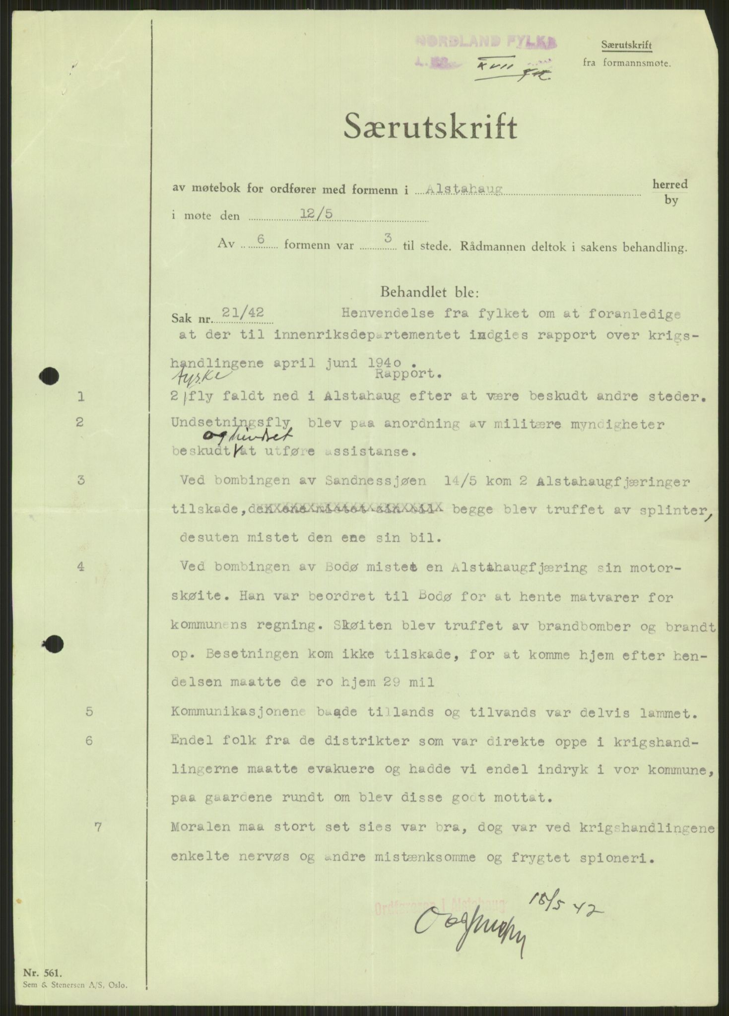 Forsvaret, Forsvarets krigshistoriske avdeling, RA/RAFA-2017/Y/Ya/L0017: II-C-11-31 - Fylkesmenn.  Rapporter om krigsbegivenhetene 1940., 1940, p. 20