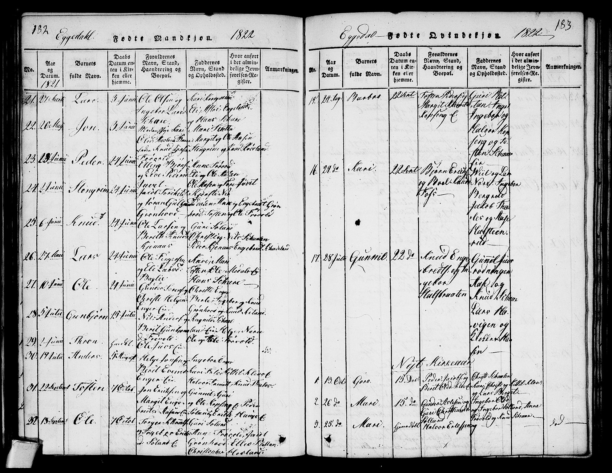 Sigdal kirkebøker, SAKO/A-245/G/Ga/L0001: Parish register (copy) no. I 1 /2, 1816-1835, p. 182-183