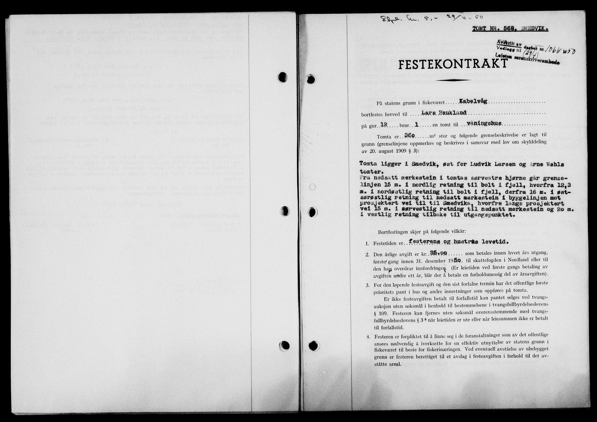 Lofoten sorenskriveri, SAT/A-0017/1/2/2C/L0023a: Mortgage book no. 23a, 1950-1950, Diary no: : 1066/1950