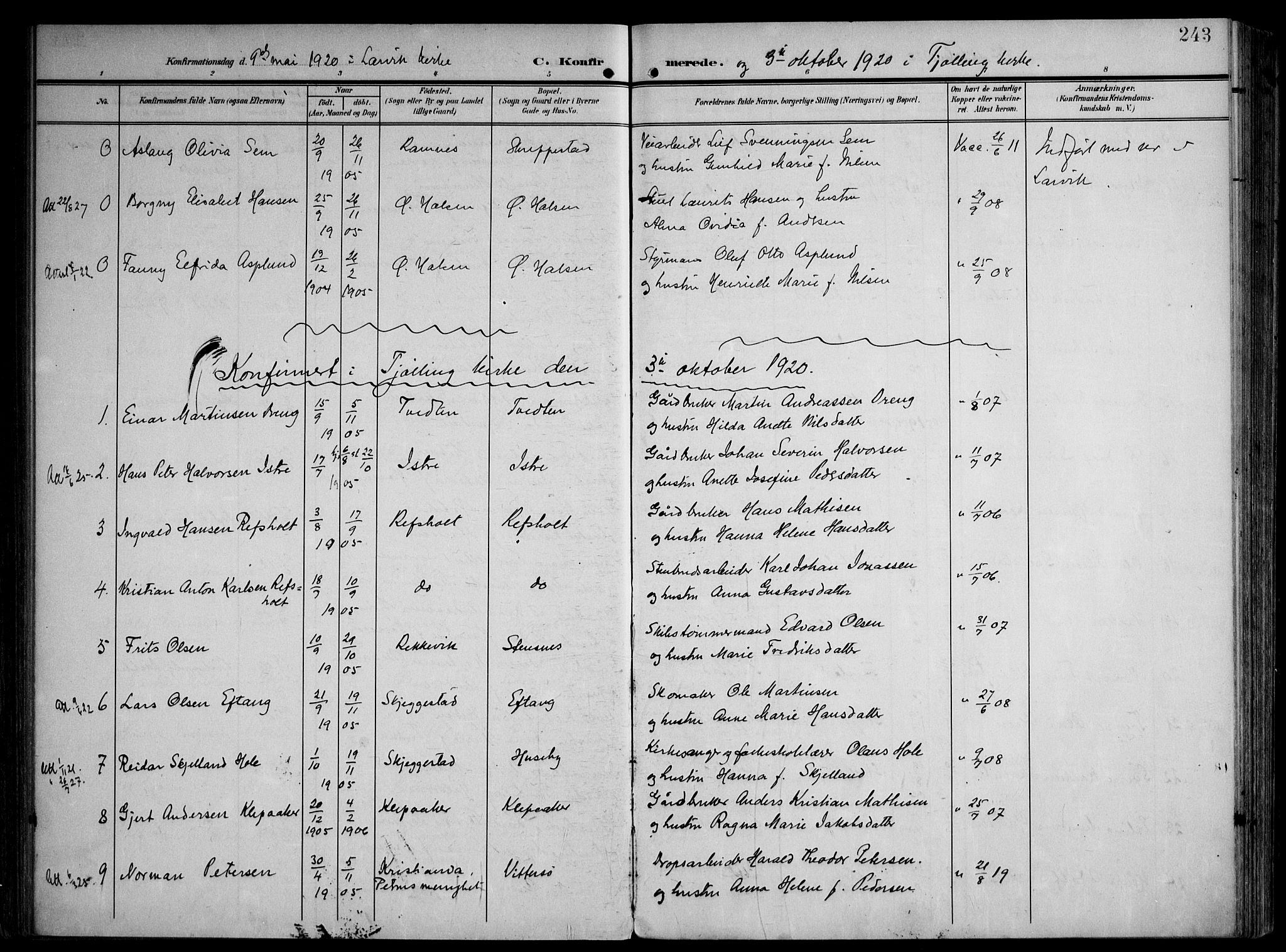 Tjølling kirkebøker, AV/SAKO-A-60/F/Fa/L0010: Parish register (official) no. 10, 1906-1923, p. 243