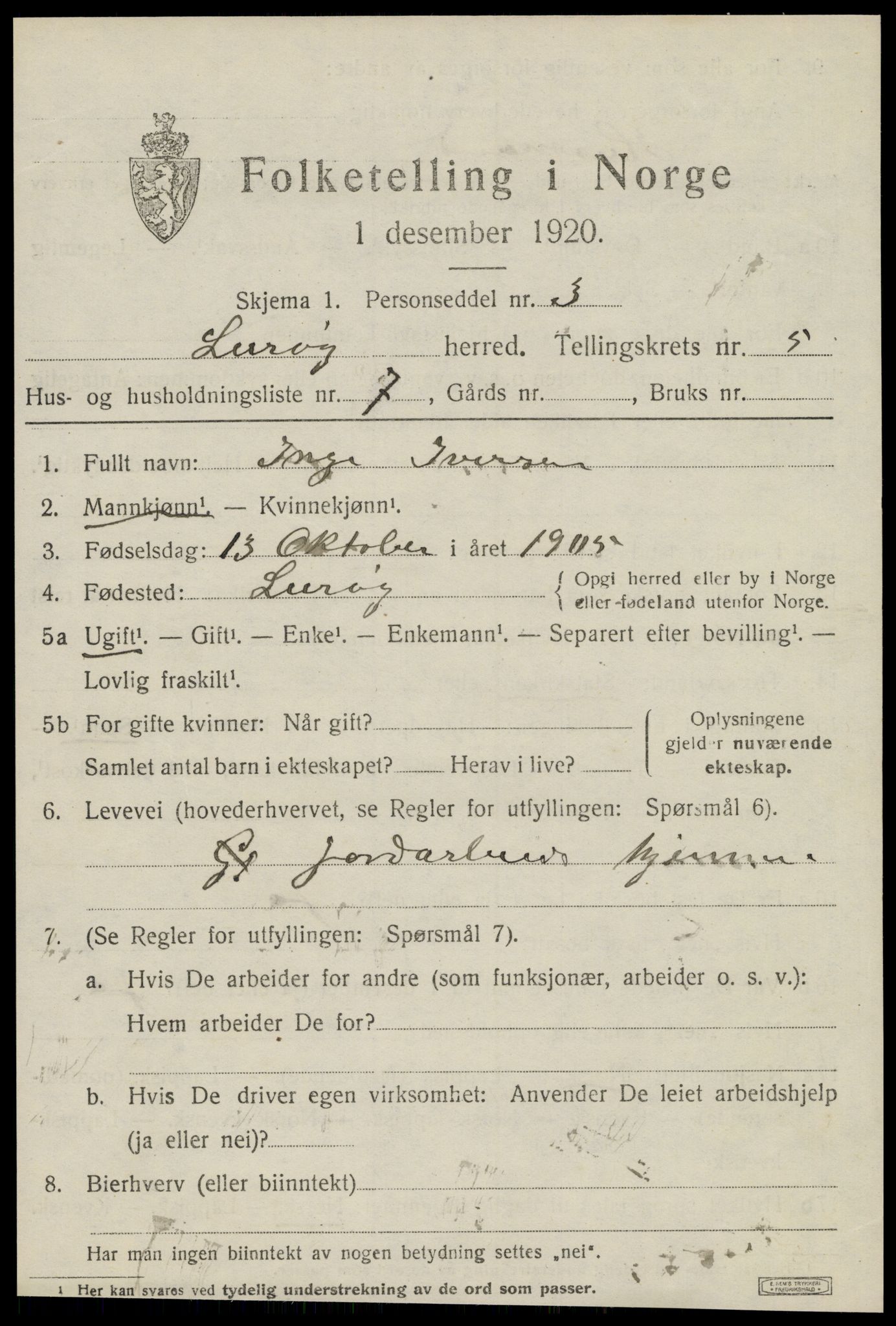 SAT, 1920 census for Lurøy, 1920, p. 2685