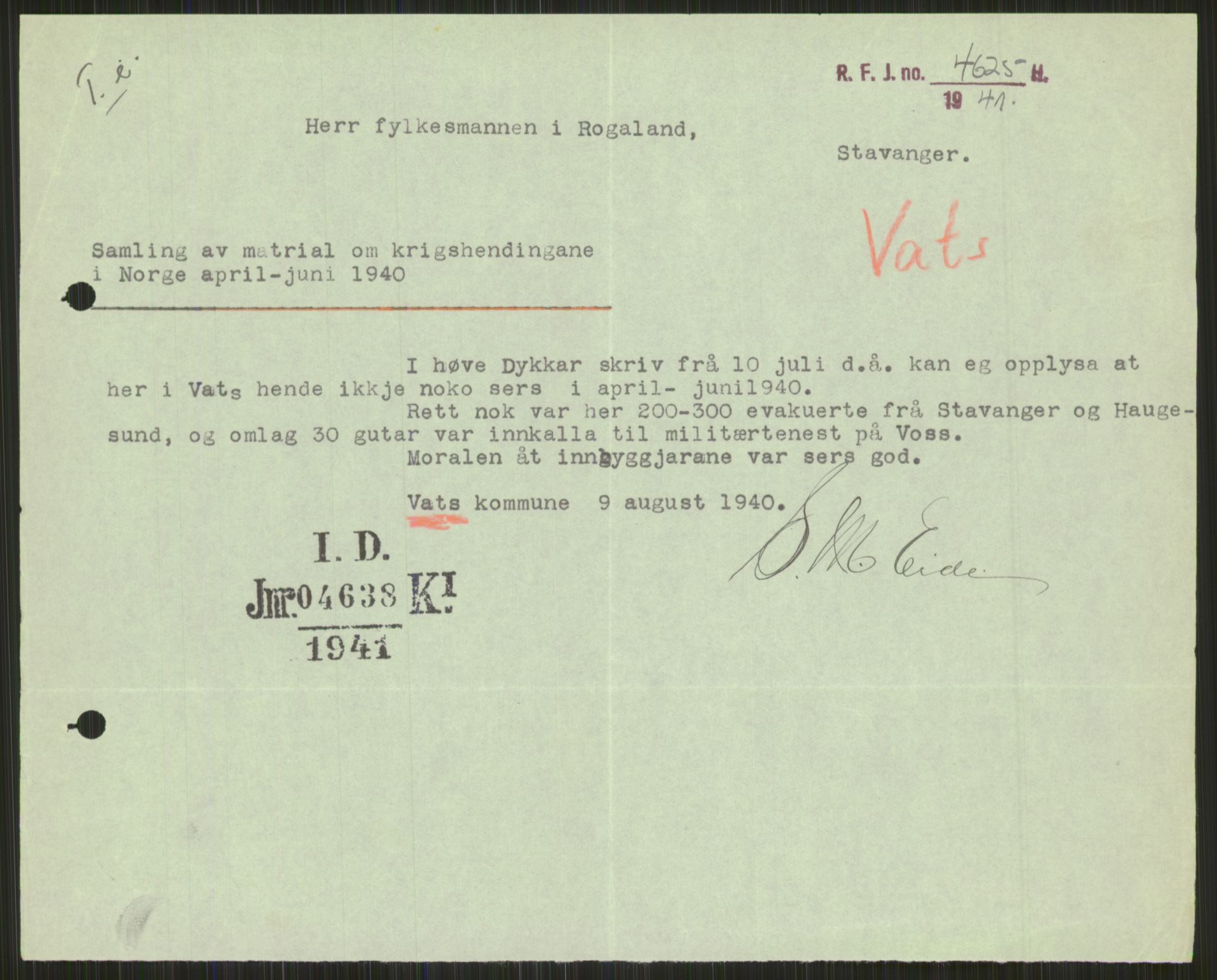 Forsvaret, Forsvarets krigshistoriske avdeling, AV/RA-RAFA-2017/Y/Ya/L0015: II-C-11-31 - Fylkesmenn.  Rapporter om krigsbegivenhetene 1940., 1940, p. 207