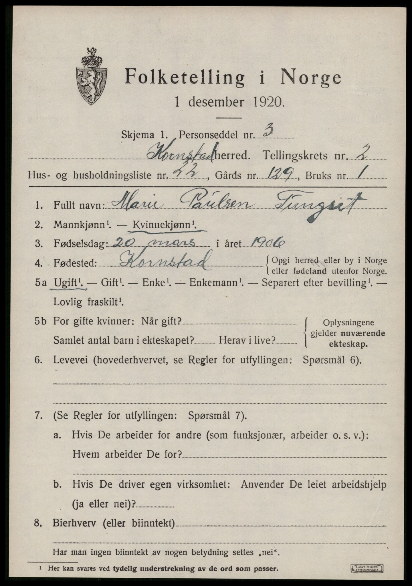 SAT, 1920 census for Kornstad, 1920, p. 1653