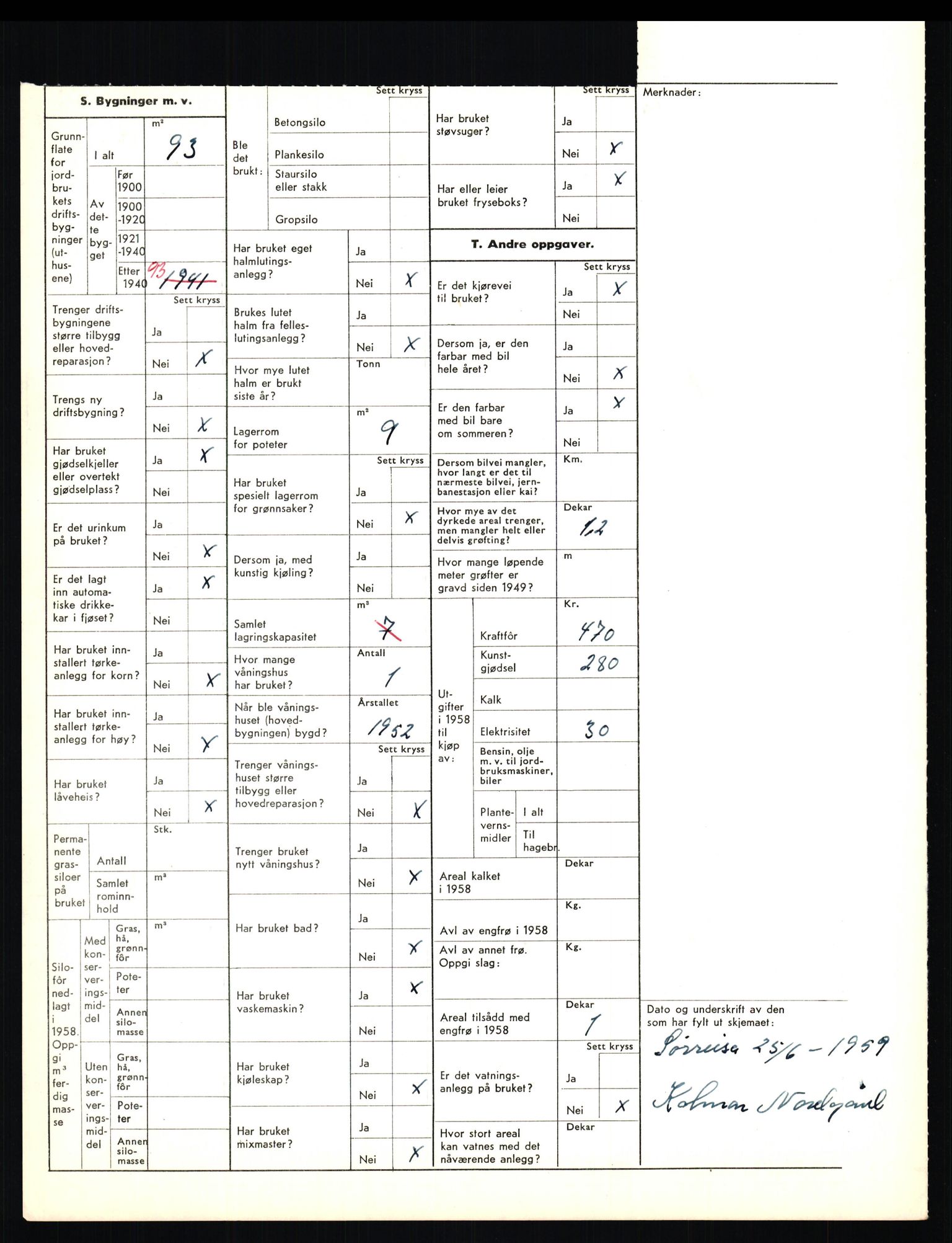 Statistisk sentralbyrå, Næringsøkonomiske emner, Jordbruk, skogbruk, jakt, fiske og fangst, AV/RA-S-2234/G/Gd/L0656: Troms: 1924 Målselv (kl. 0-3) og 1925 Sørreisa, 1959, p. 1424