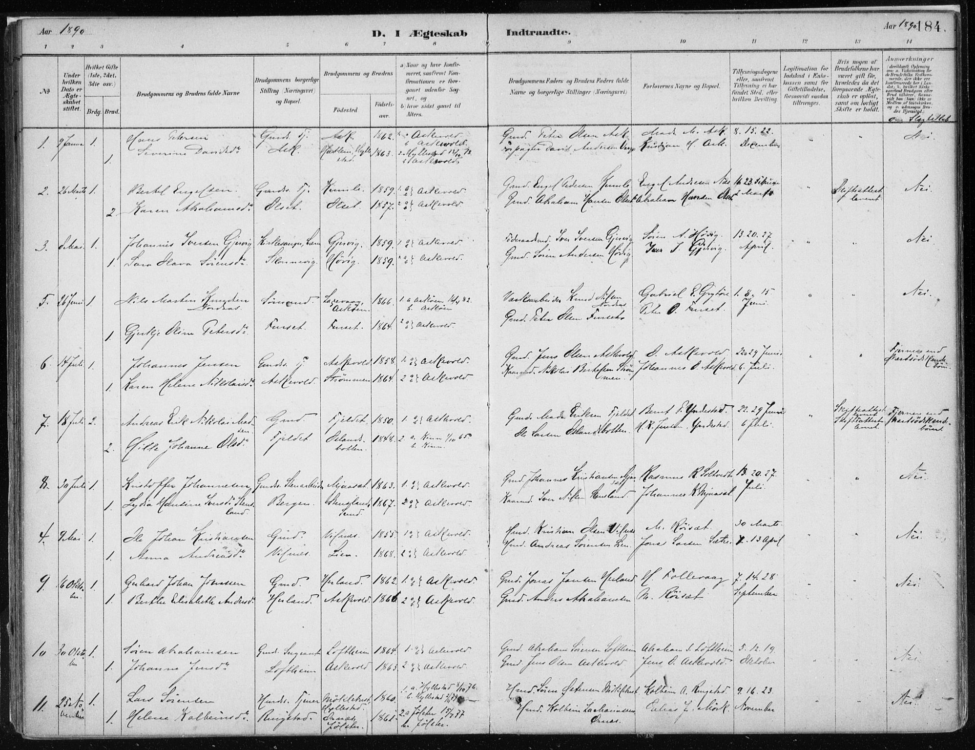 Askvoll sokneprestembete, SAB/A-79501/H/Haa/Haab/L0002: Parish register (official) no. B 2, 1879-1909, p. 184