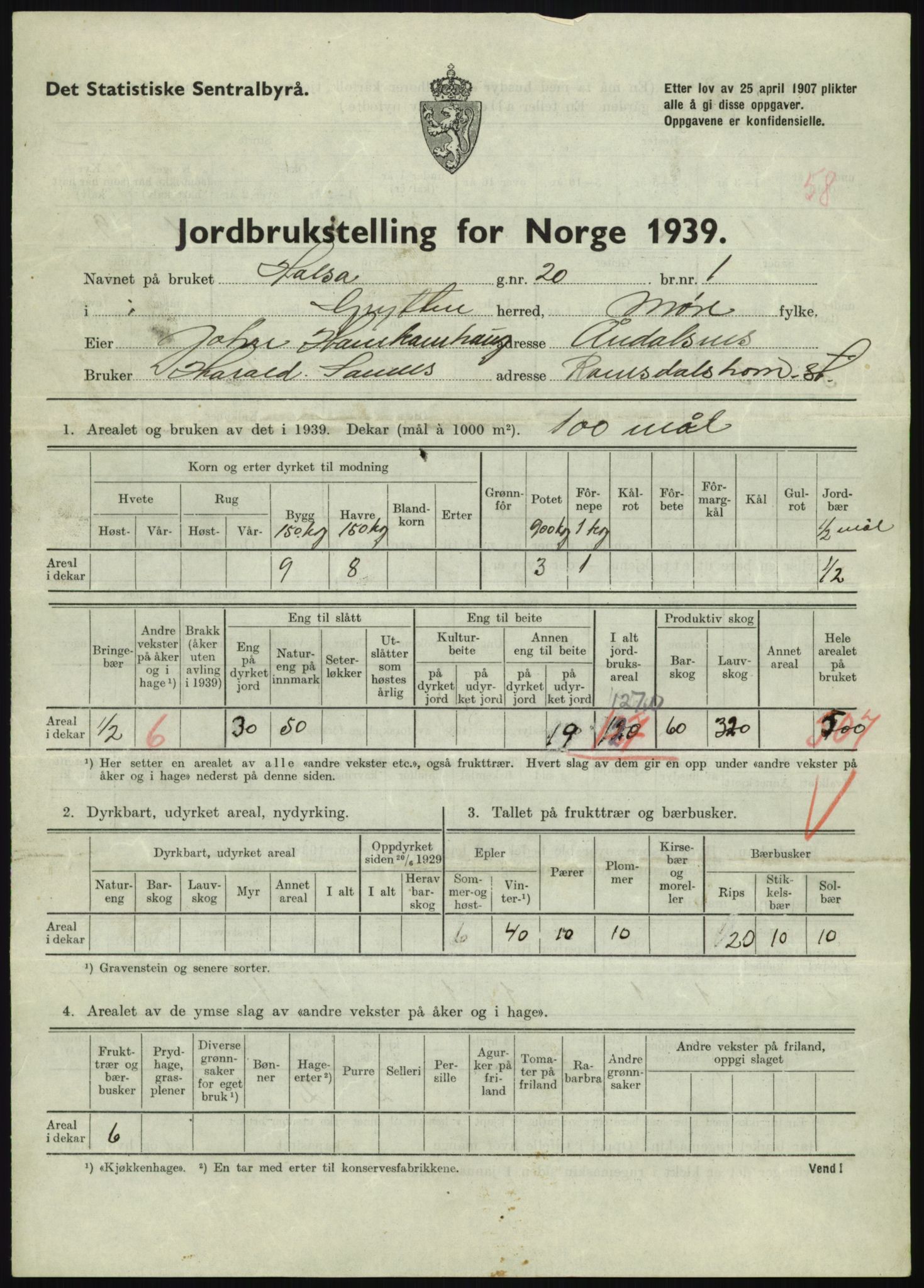 Statistisk sentralbyrå, Næringsøkonomiske emner, Jordbruk, skogbruk, jakt, fiske og fangst, AV/RA-S-2234/G/Gb/L0251: Møre og Romsdal: Voll, Eid, Grytten og Hen, 1939, p. 853