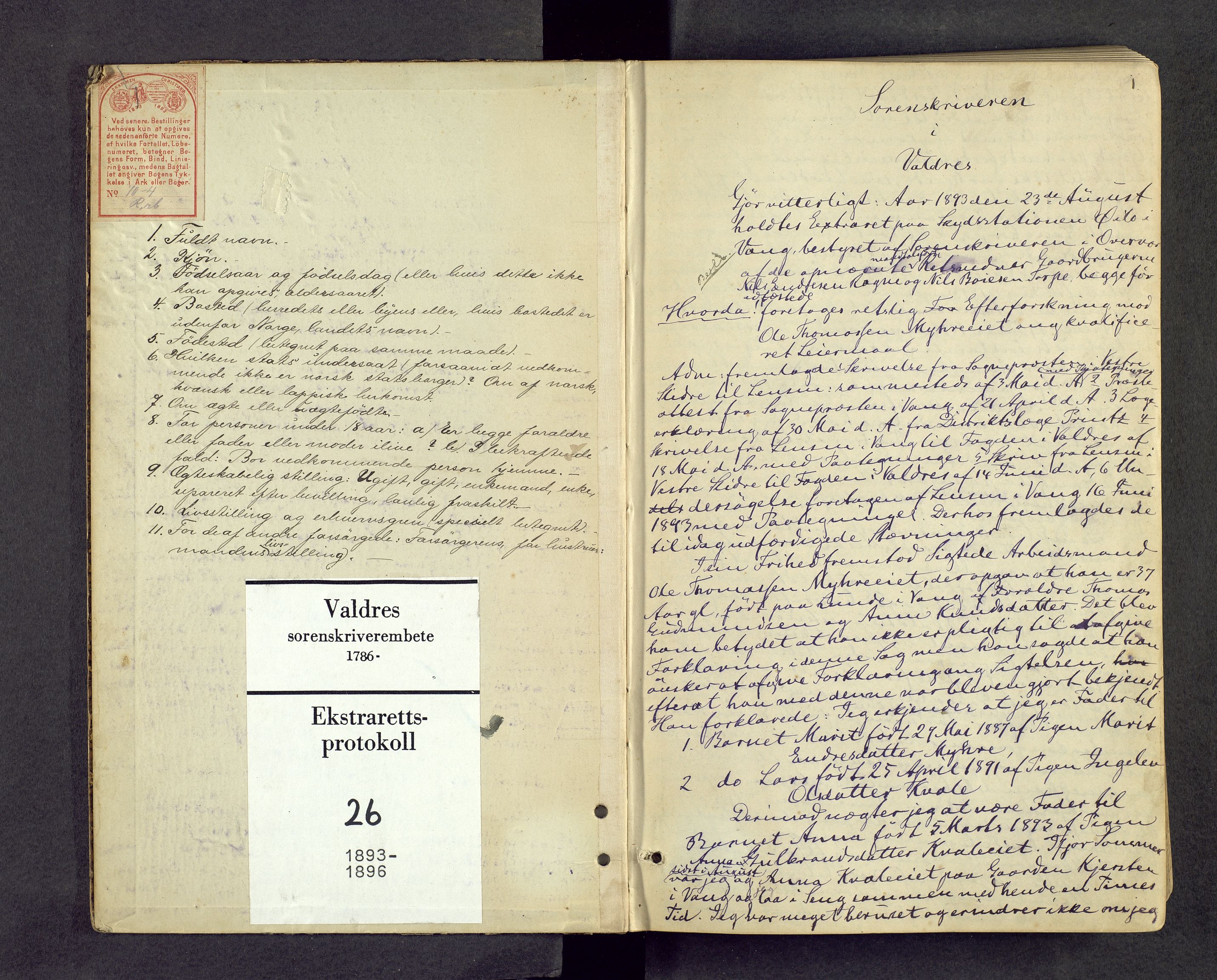 Valdres sorenskriveri, SAH/TING-016/G/Gc/L0026: Ekstrarettsprotokoll, 1893-1896, p. 0b-1a