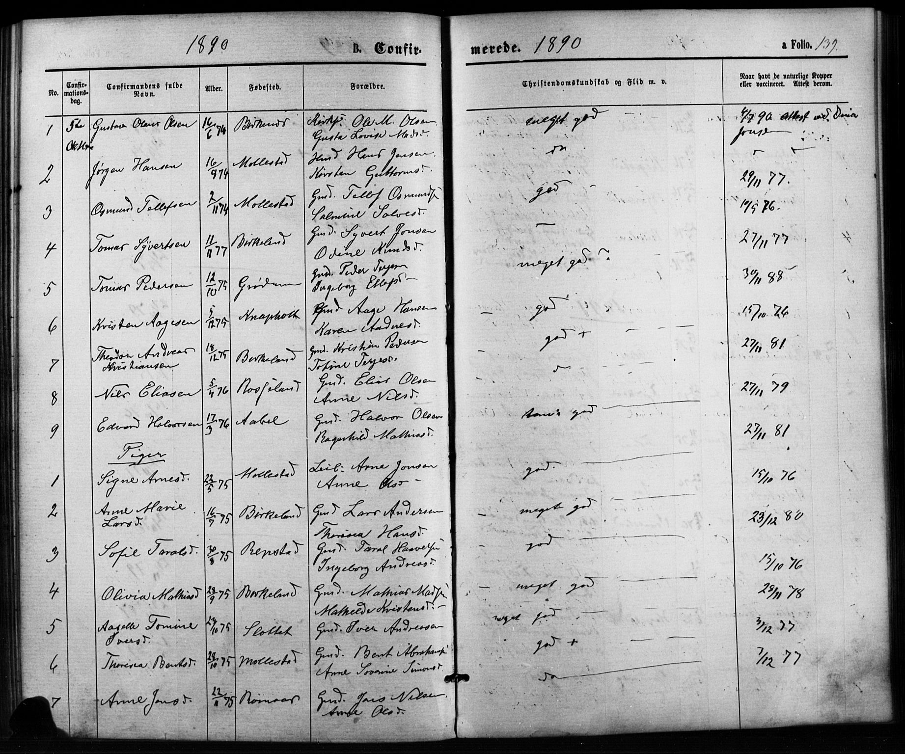Birkenes sokneprestkontor, SAK/1111-0004/F/Fb/L0003: Parish register (copy) no. B 3, 1876-1892, p. 139