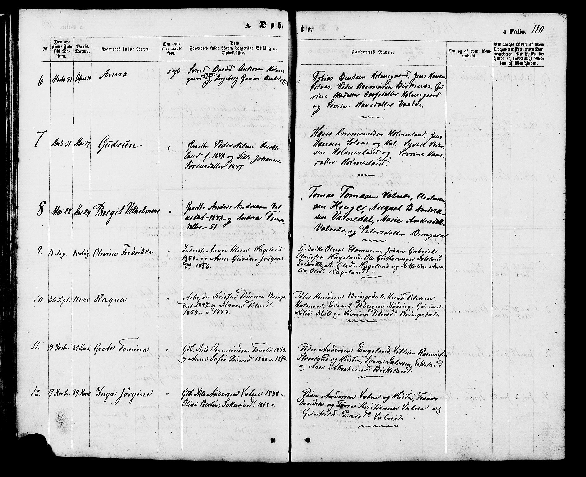 Holum sokneprestkontor, AV/SAK-1111-0022/F/Fb/Fba/L0004: Parish register (copy) no. B 4, 1867-1890, p. 110