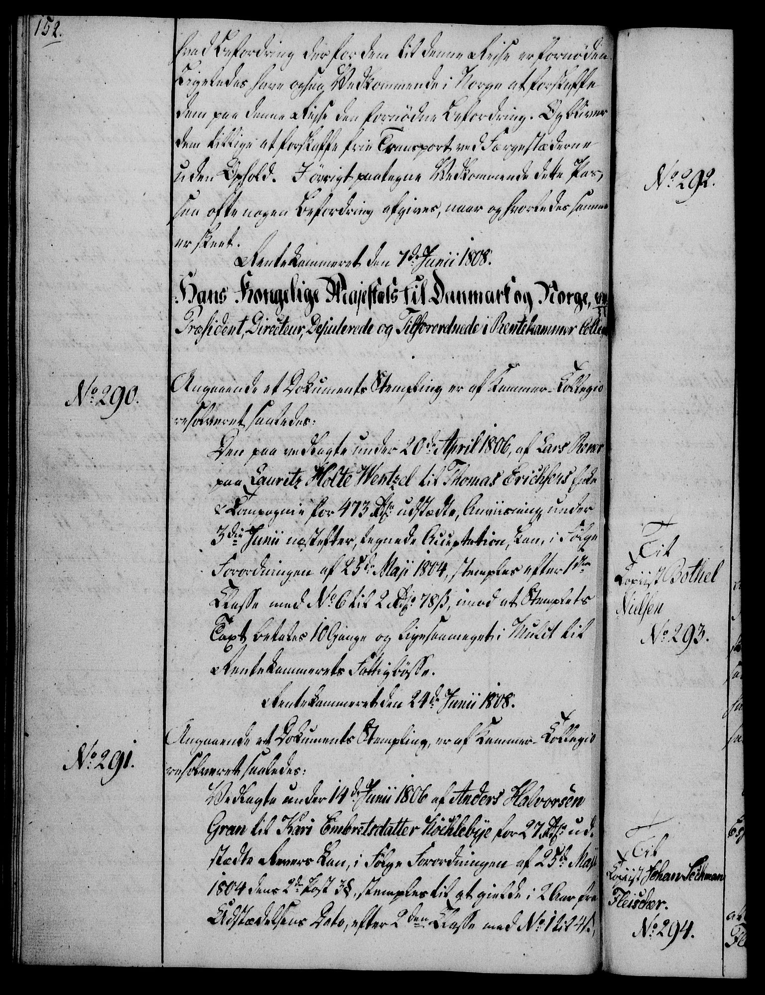 Rentekammeret, Kammerkanselliet, RA/EA-3111/G/Gg/Gga/L0019: Norsk ekspedisjonsprotokoll med register (merket RK 53.19), 1807-1810, p. 152